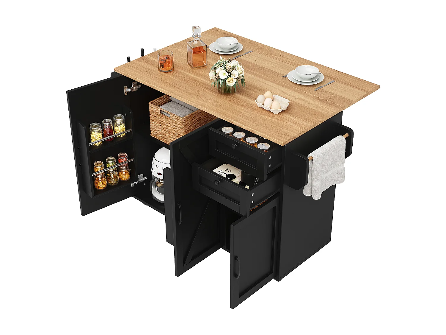 Îlot de cuisine à roulettes - 140 x 43 x 92 cm - avec plan extensible + 3 portes + 2 tiroirs - Métal + MDF - noir