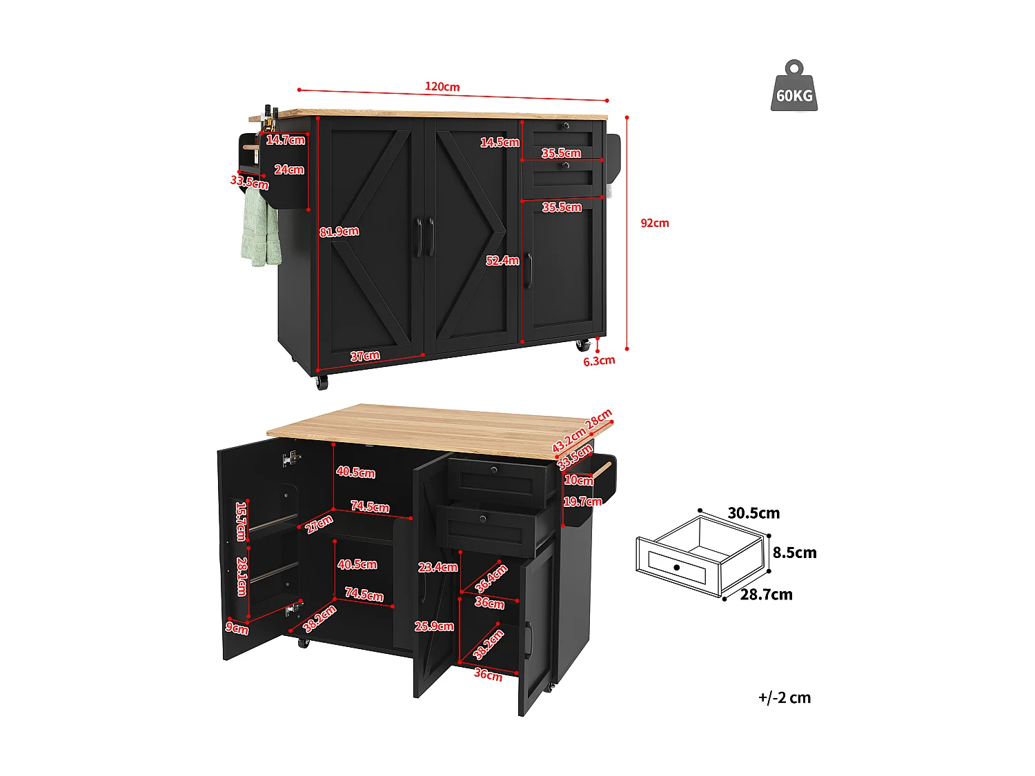 Îlot de cuisine à roulettes - 140 x 43 x 92 cm - avec plan extensible + 3 portes + 2 tiroirs - Métal + MDF - noir