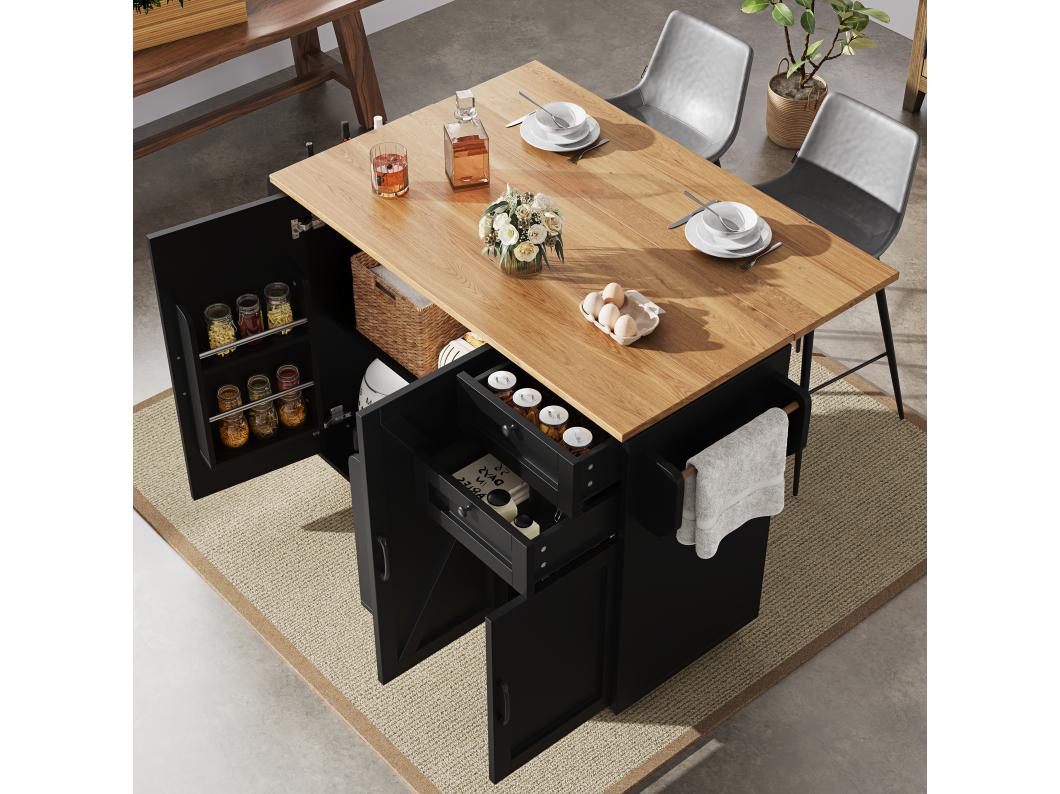 Keukeneiland op wielen - 140 x 43 x 92 cm - met uitschuifbaar werkblad + 3 deuren + 2 laden - Metaal + MDF - zwart