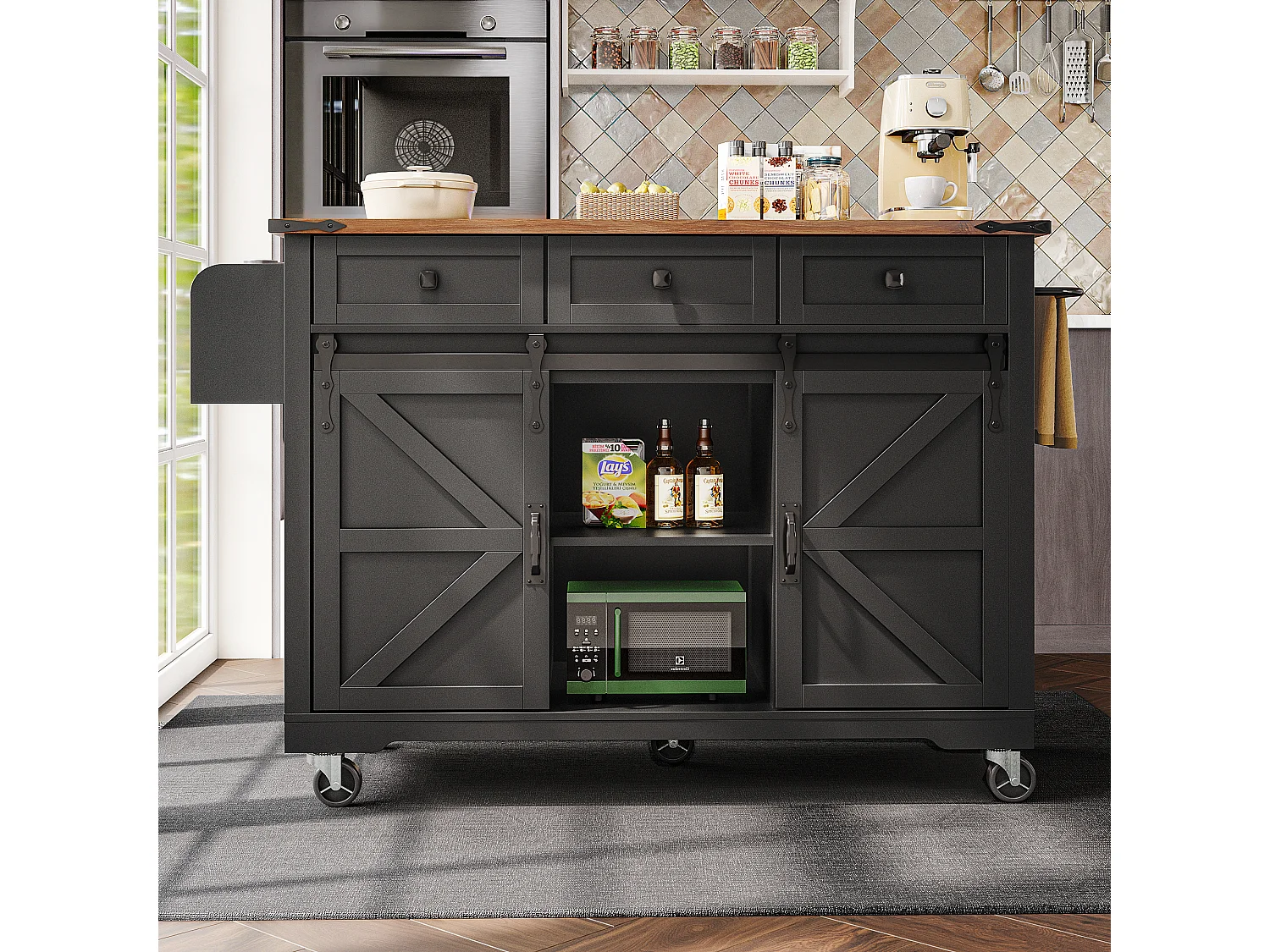 Keukeneiland op wielen - 140 x 45 x 94 cm - met uitschuifbaar werkblad + 2 deuren + 3 laden - Metaal + MDF - zwart