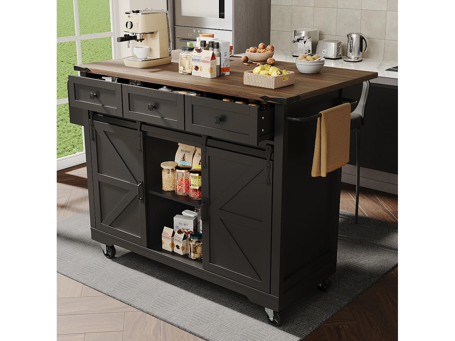 Keukeneiland op wielen - 140 x 45 x 94 cm - met uitschuifbaar werkblad + 2 deuren + 3 laden - Metaal + MDF - zwart