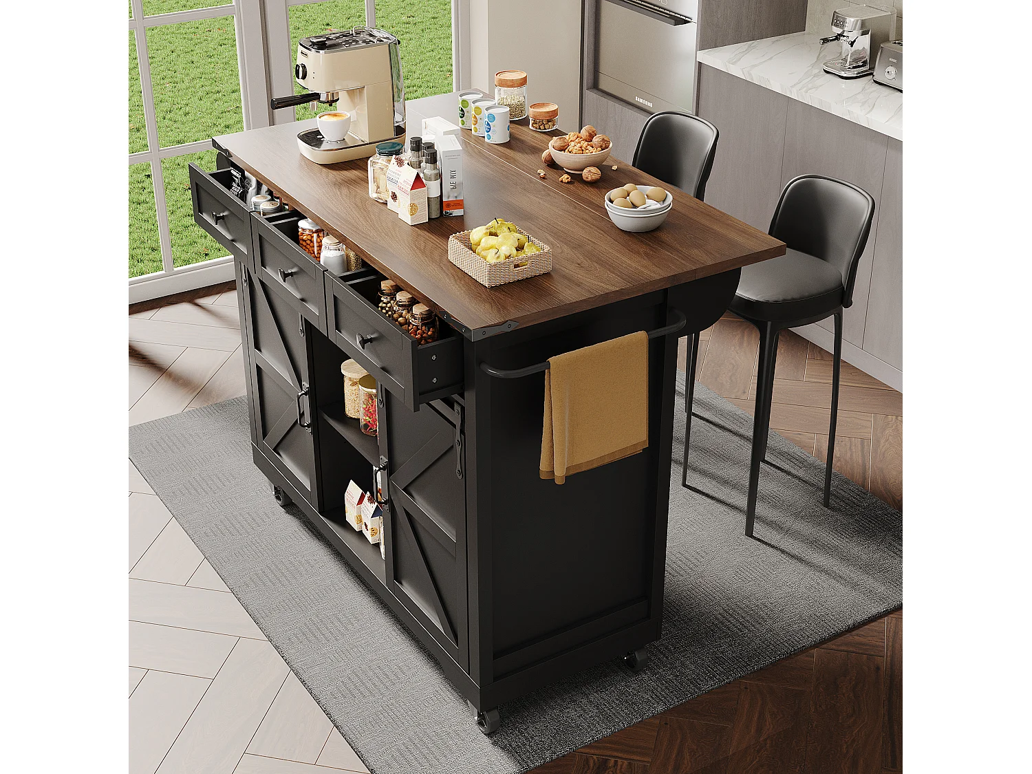 Keukeneiland op wielen - 140 x 45 x 94 cm - met uitschuifbaar werkblad + 2 deuren + 3 laden - Metaal + MDF - zwart