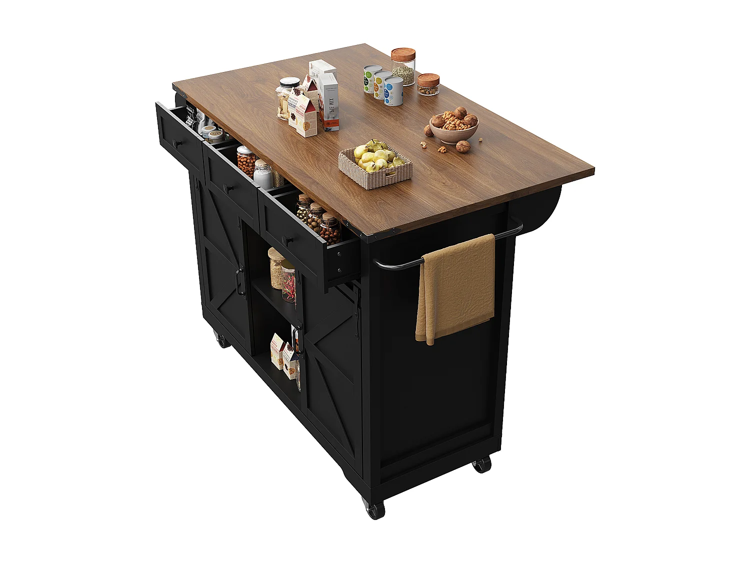 Keukeneiland op wielen - 140 x 45 x 94 cm - met uitschuifbaar werkblad + 2 deuren + 3 laden - Metaal + MDF - zwart