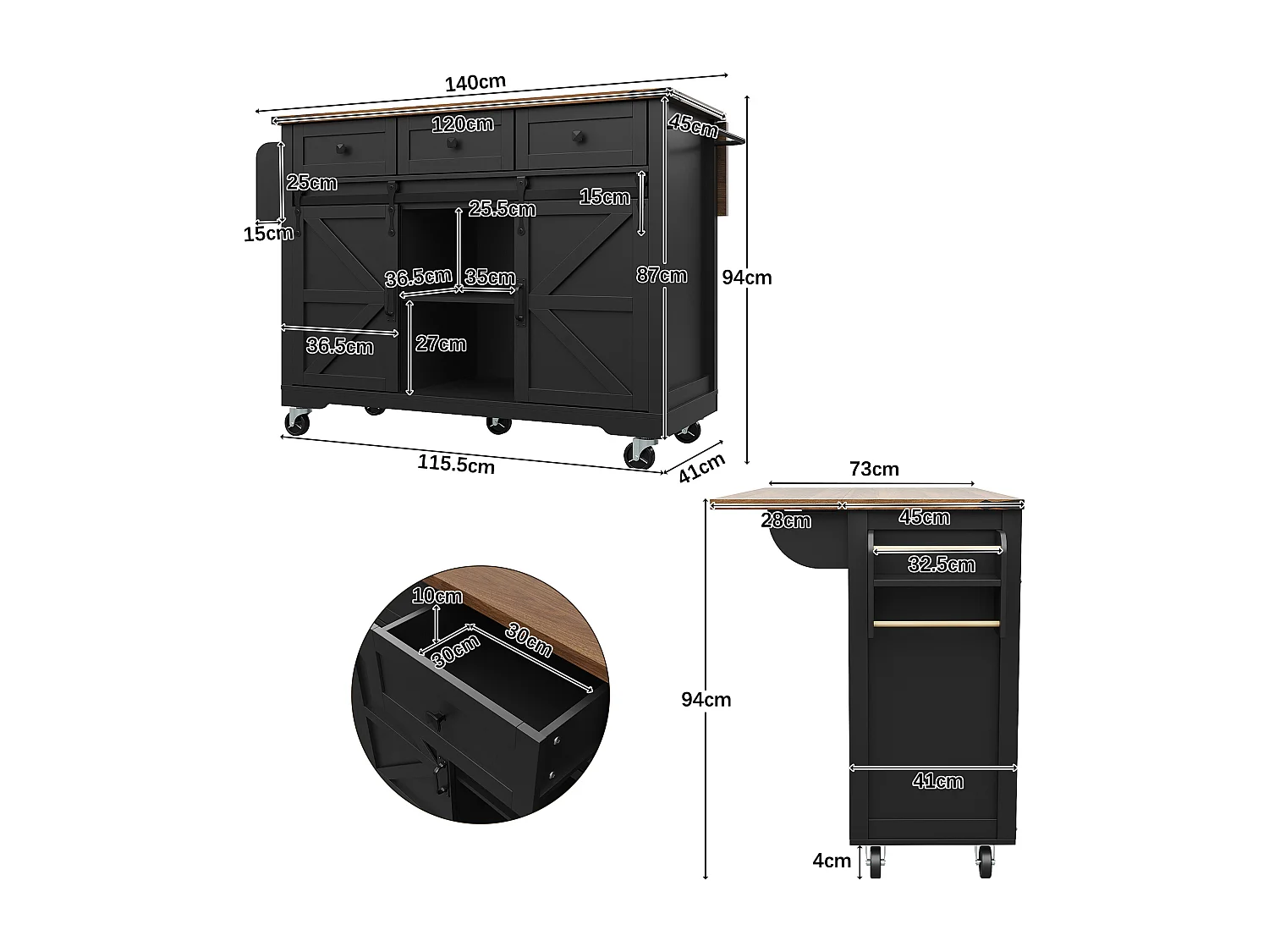 Keukeneiland op wielen - 140 x 45 x 94 cm - met uitschuifbaar werkblad + 2 deuren + 3 laden - Metaal + MDF - zwart