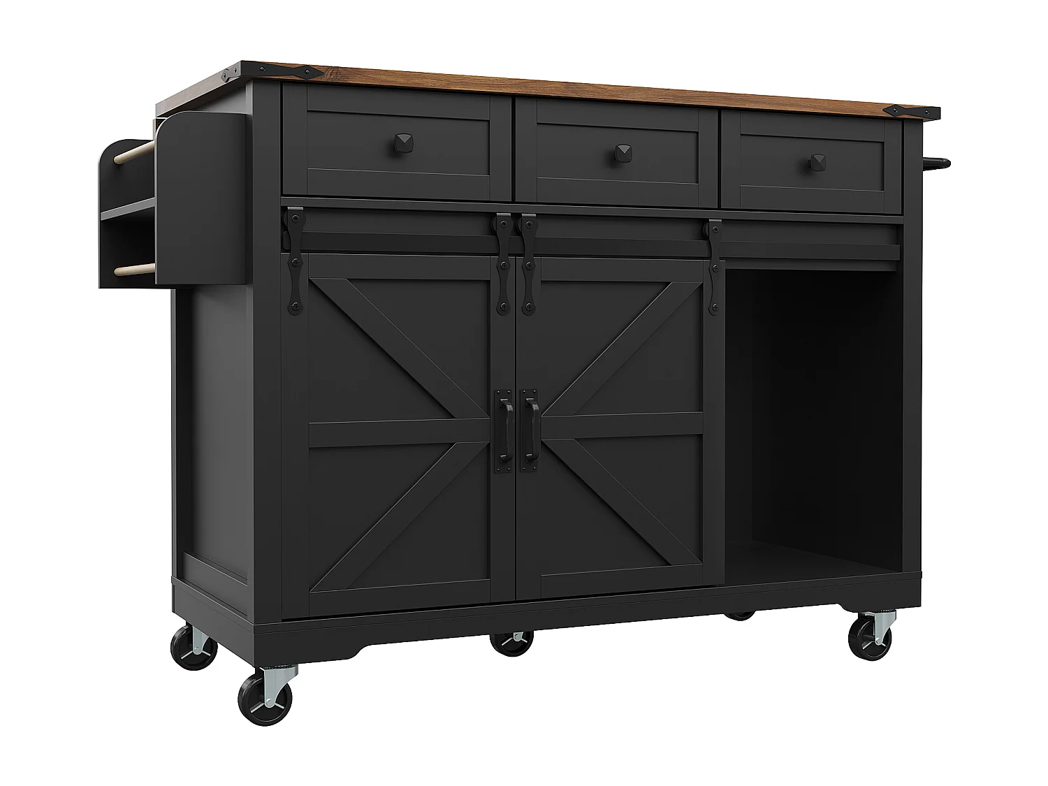 Keukeneiland op wielen - 140 x 45 x 94 cm - met uitschuifbaar werkblad + 2 deuren + 3 laden - Metaal + MDF - zwart