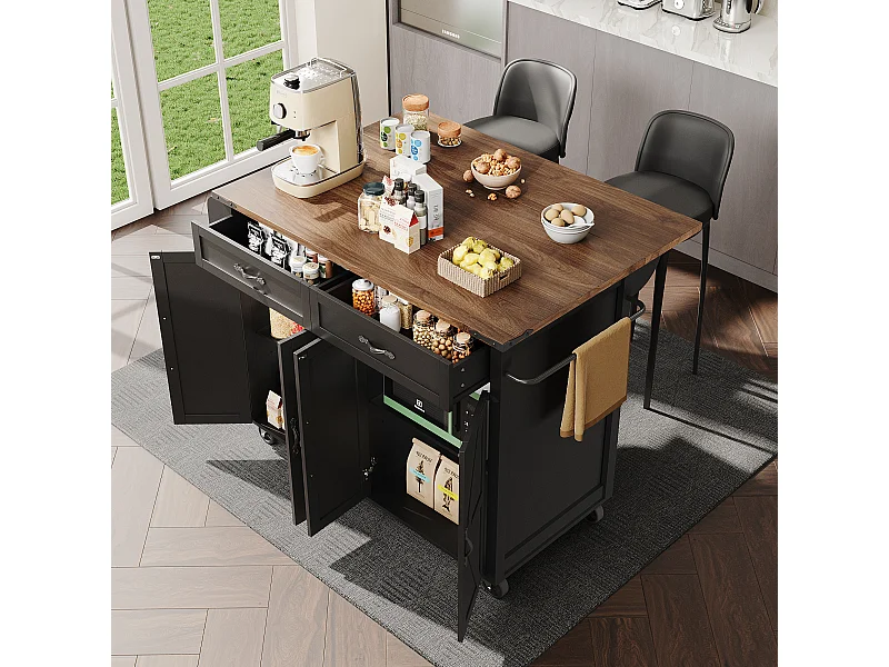 Îlot de cuisine à roulettes - 140 x 45 x 90 cm - avec plan extensible + 4 portes + 2 tiroirs - Métal + MDF - noir