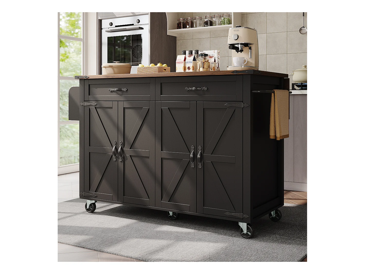 Îlot de cuisine à roulettes - 140 x 45 x 90 cm - avec plan extensible + 4 portes + 2 tiroirs - Métal + MDF - noir