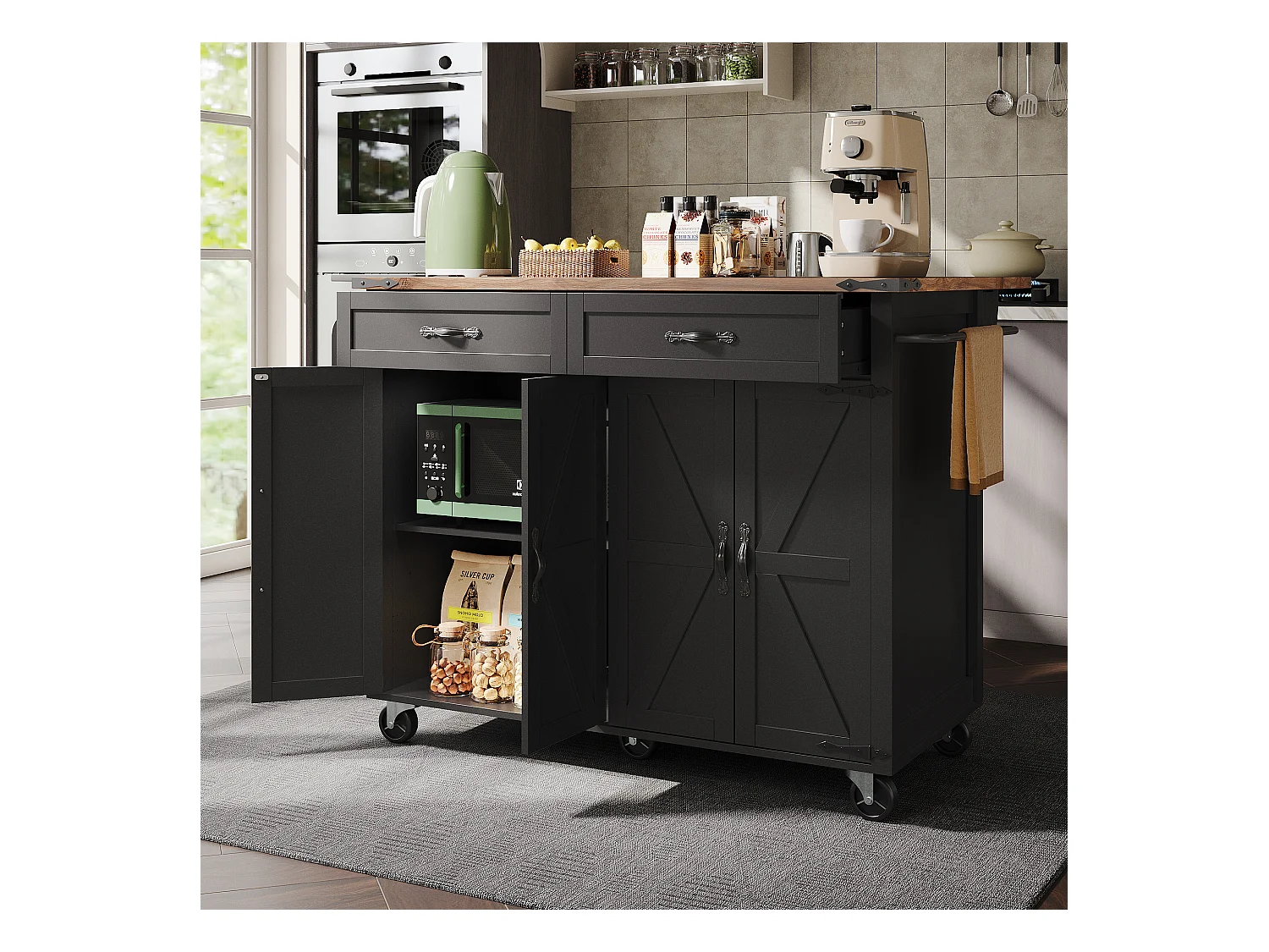 Îlot de cuisine à roulettes - 140 x 45 x 90 cm - avec plan extensible + 4 portes + 2 tiroirs - Métal + MDF - noir