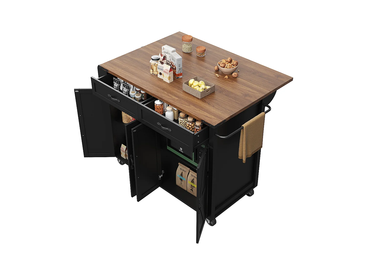 Îlot de cuisine à roulettes - 140 x 45 x 90 cm - avec plan extensible + 4 portes + 2 tiroirs - Métal + MDF - noir