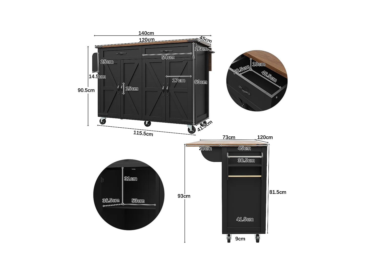 Îlot de cuisine à roulettes - 140 x 45 x 90 cm - avec plan extensible + 4 portes + 2 tiroirs - Métal + MDF - noir