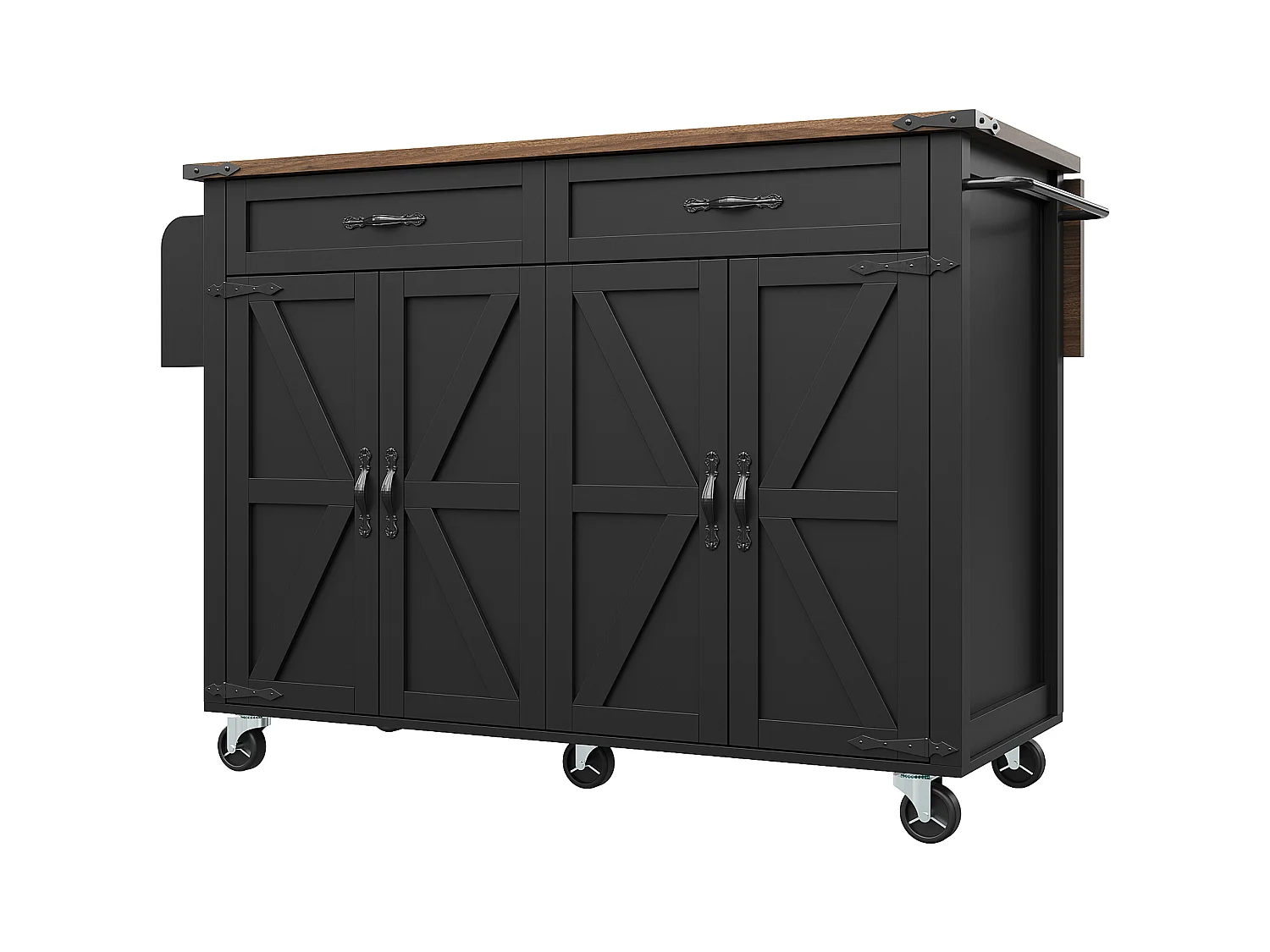 Îlot de cuisine à roulettes - 140 x 45 x 90 cm - avec plan extensible + 4 portes + 2 tiroirs - Métal + MDF - noir