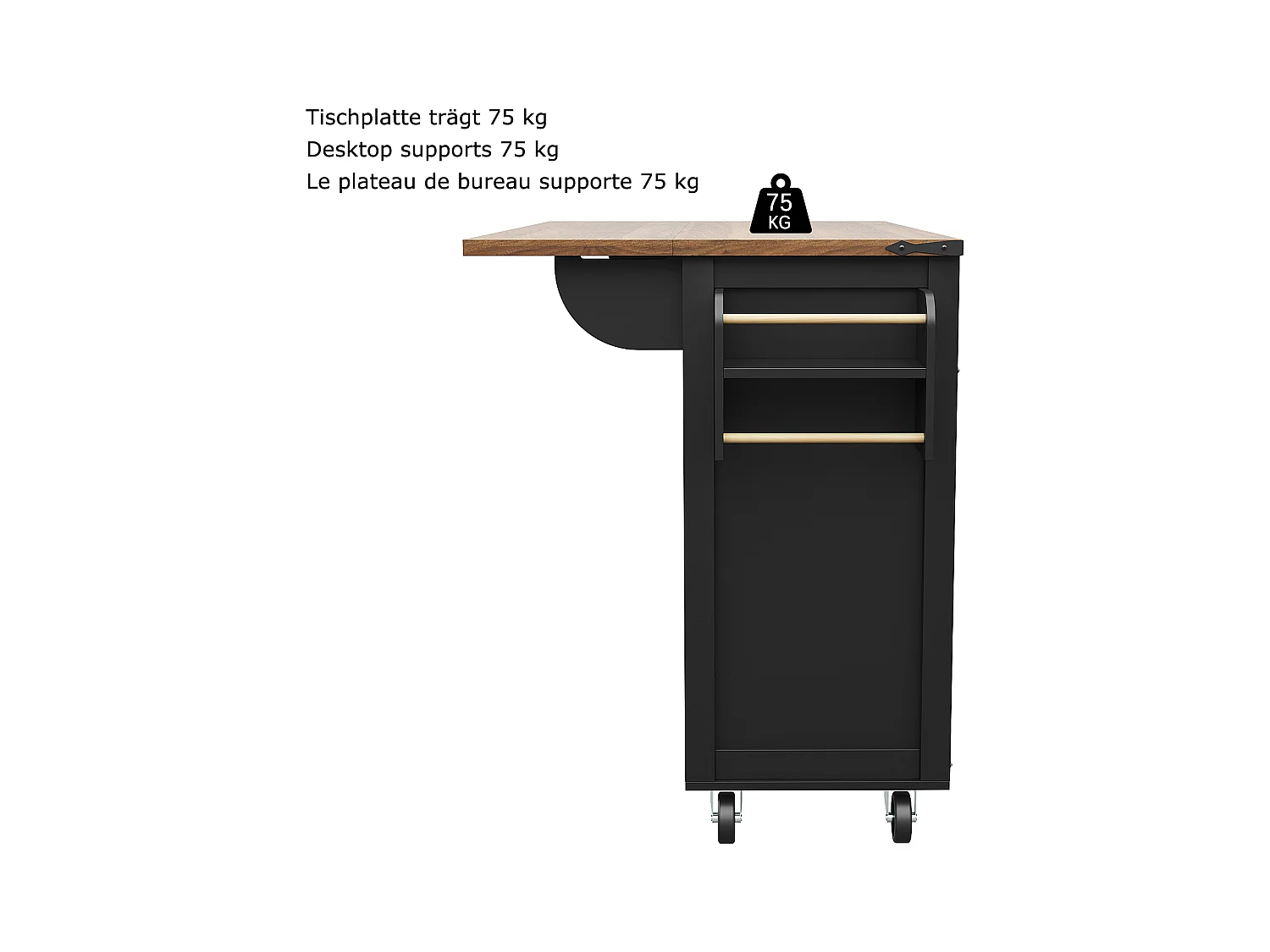 Îlot de cuisine à roulettes - 140 x 45 x 90 cm - avec plan extensible + 4 portes + 2 tiroirs - Métal + MDF - noir