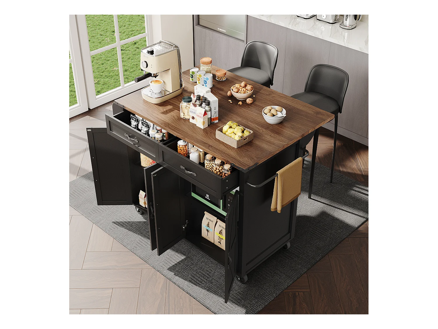 Kücheninsel auf Rollen - 140 x 45 x 90 cm - mit ausziehbarer Arbeitsplatte + 4 Türen + 2 Schubladen - Metall + MDF - schwarz