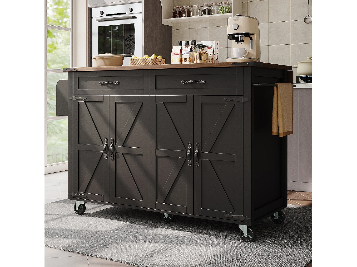Îlot De Cuisine Mobile Avec Plan Rabattable - 140 Cm De Long - 3 Tiroirs Et 2 Portes Coulissantes - Roues Freinées - Noir - Gain De Place