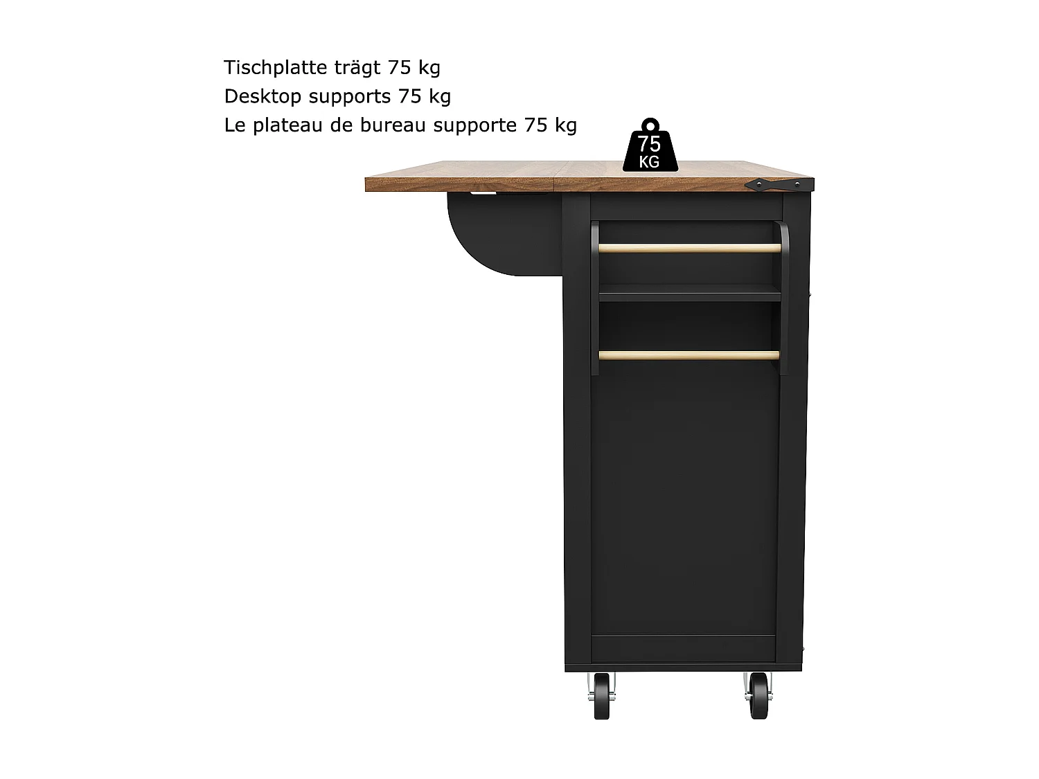 Kücheninsel auf Rollen - 140 x 45 x 90 cm - mit ausziehbarer Arbeitsplatte + 4 Türen + 2 Schubladen - Metall + MDF - schwarz