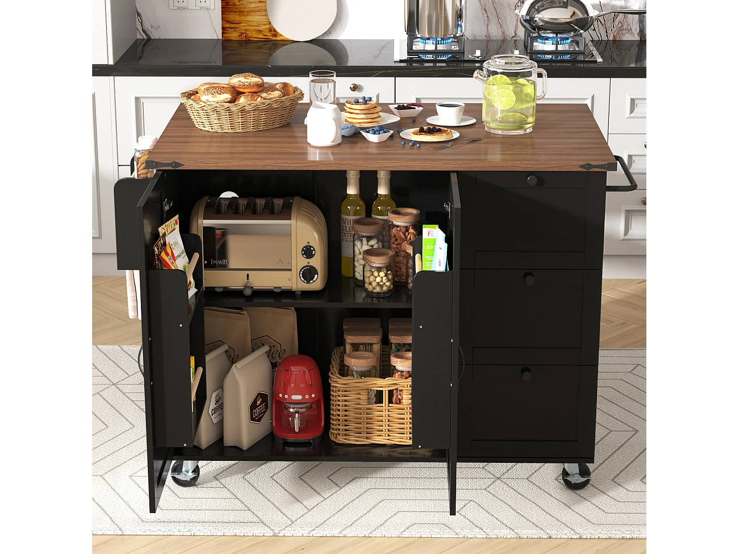 Îlot de cuisine à roulettes - 140 x 45 x 90.5 cm - avec plan extensible + 2 portes + 3 tiroirs - Métal + MDF - noir