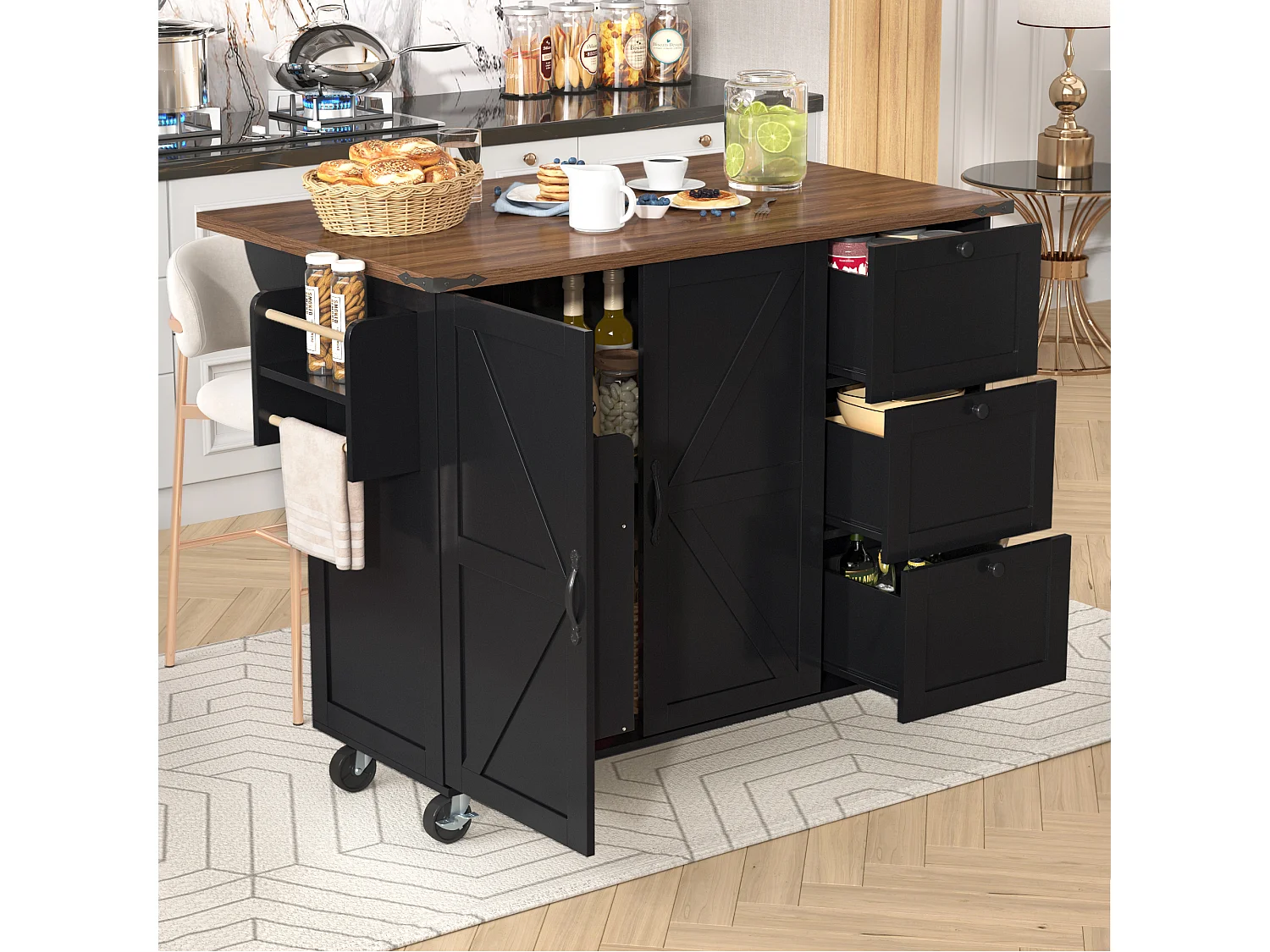 Îlot de cuisine à roulettes - 140 x 45 x 90.5 cm - avec plan extensible + 2 portes + 3 tiroirs - Métal + MDF - noir