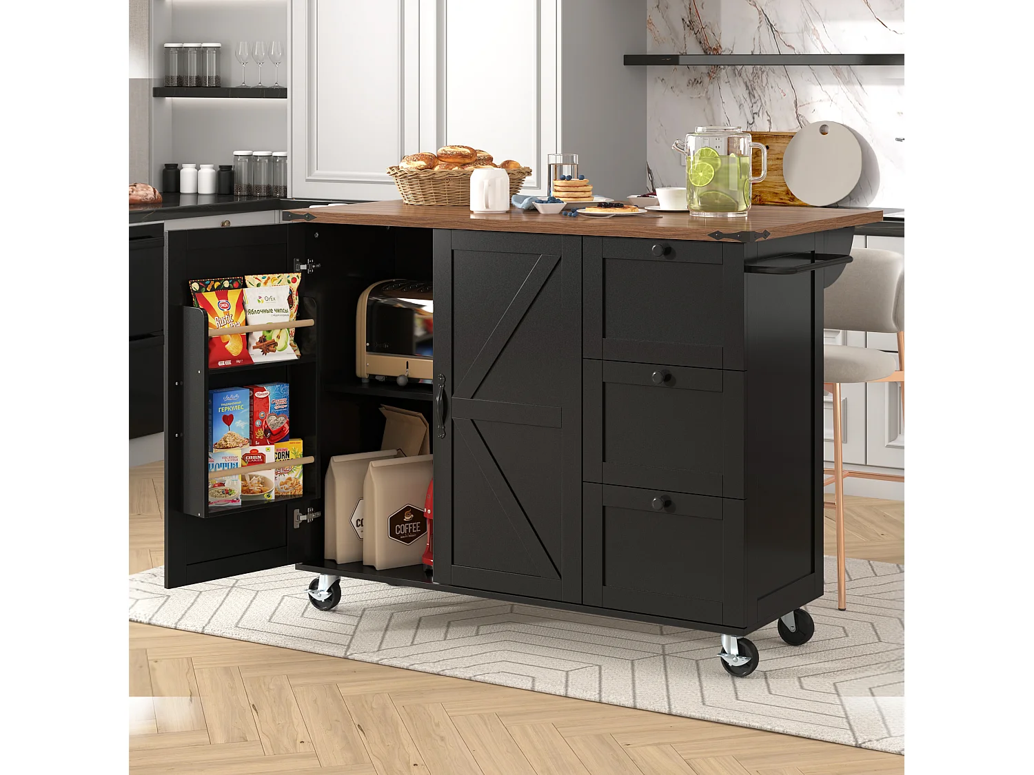 Îlot de cuisine à roulettes - 140 x 45 x 90.5 cm - avec plan extensible + 2 portes + 3 tiroirs - Métal + MDF - noir