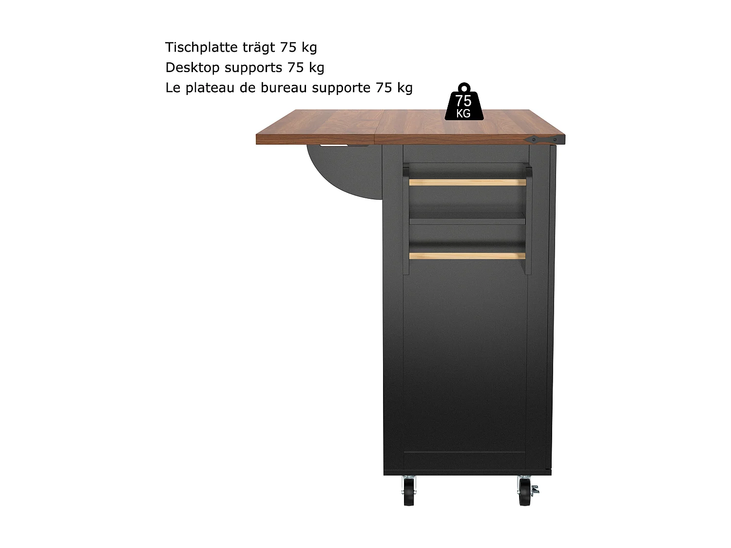 Îlot de cuisine à roulettes - 140 x 45 x 90.5 cm - avec plan extensible + 2 portes + 3 tiroirs - Métal + MDF - noir