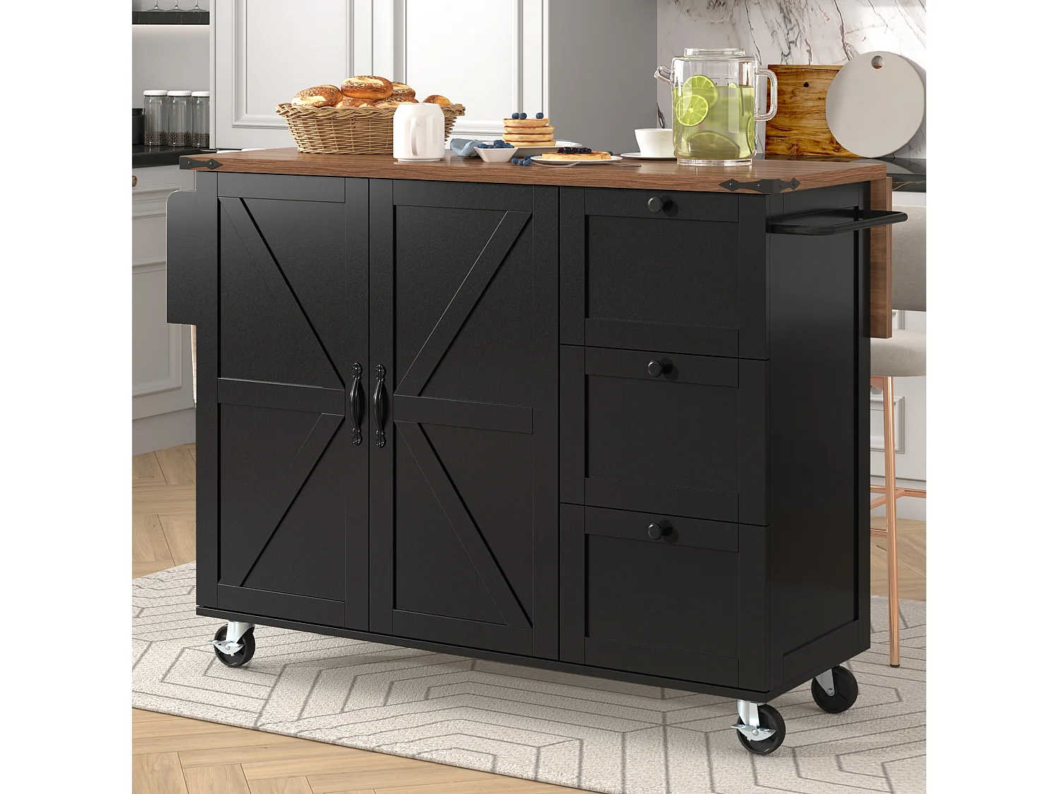 Îlot de cuisine à roulettes - 140 x 45 x 90.5 cm - avec plan extensible + 2 portes + 3 tiroirs - Métal + MDF - noir