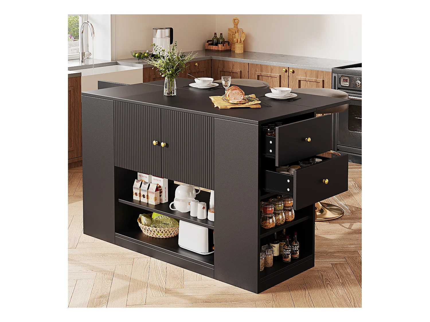 Isla de cocina moderna - 140 x 40 x 90 cm - mueble de cocina - con 2 cajones + 3 puertas - MDF - negro