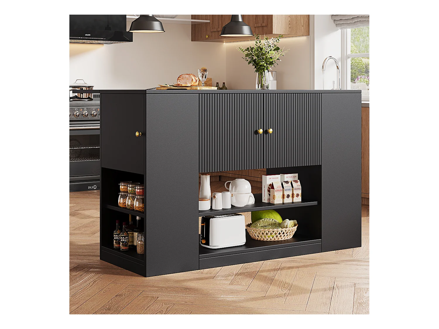 Isla de cocina moderna - 140 x 40 x 90 cm - mueble de cocina - con 2 cajones + 3 puertas - MDF - negro