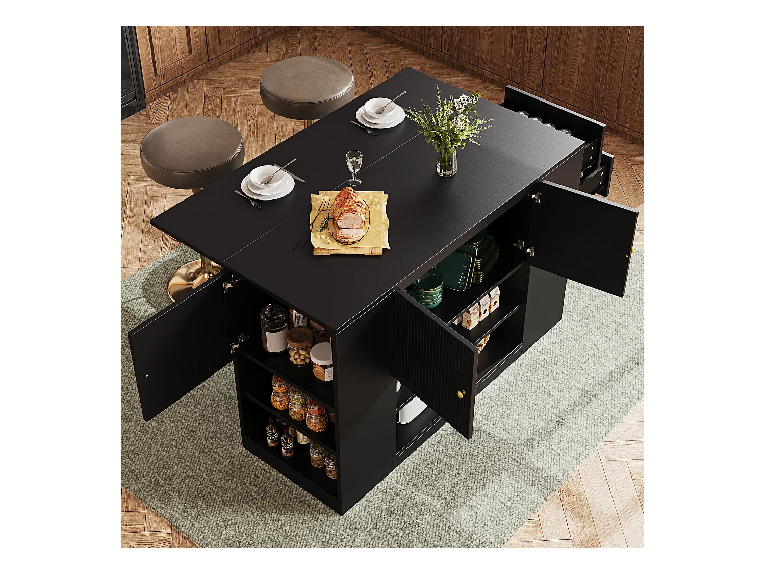 Isla de cocina moderna - 140 x 40 x 90 cm - mueble de cocina - con 2 cajones + 3 puertas - MDF - negro