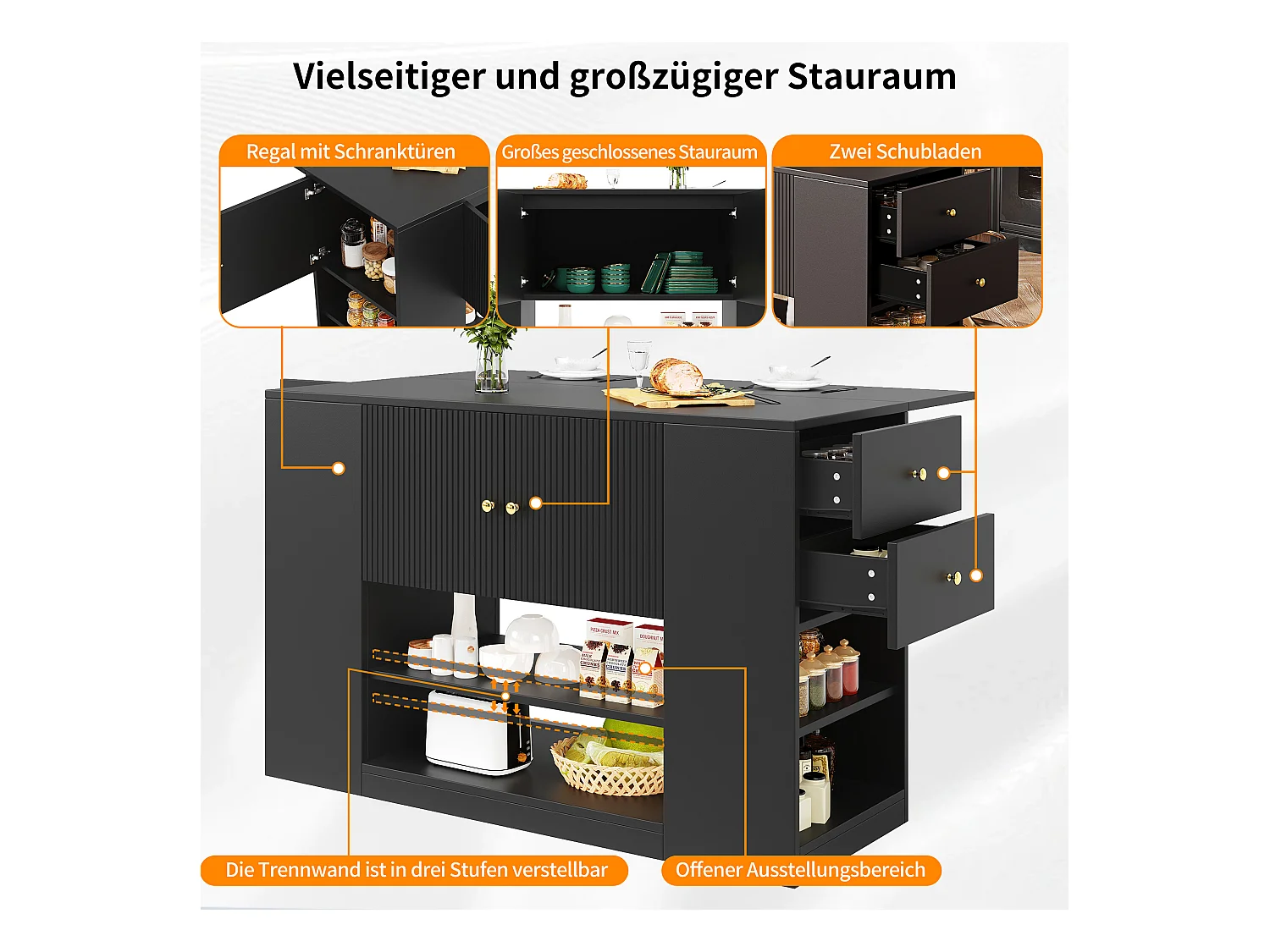 Isla de cocina moderna - 140 x 40 x 90 cm - mueble de cocina - con 2 cajones + 3 puertas - MDF - negro