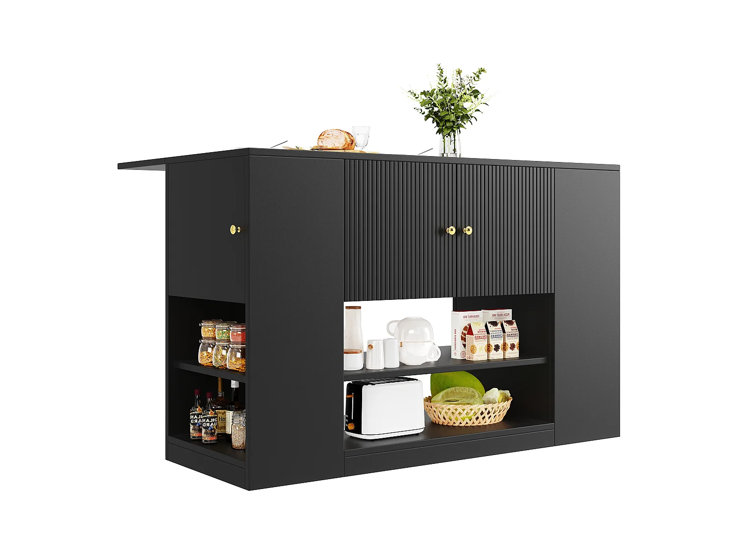 Isla de cocina moderna - 140 x 40 x 90 cm - mueble de cocina - con 2 cajones + 3 puertas - MDF - negro