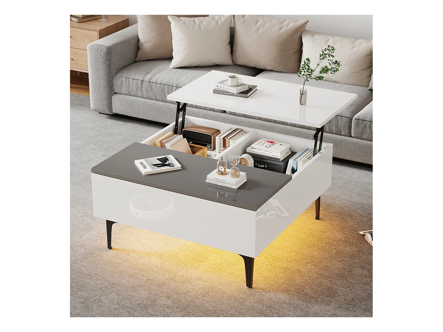 Table basse réglable - 70 x 70 x 35 cm - avec 1 tirors + étagères cachés + Leds - MDF - blanc