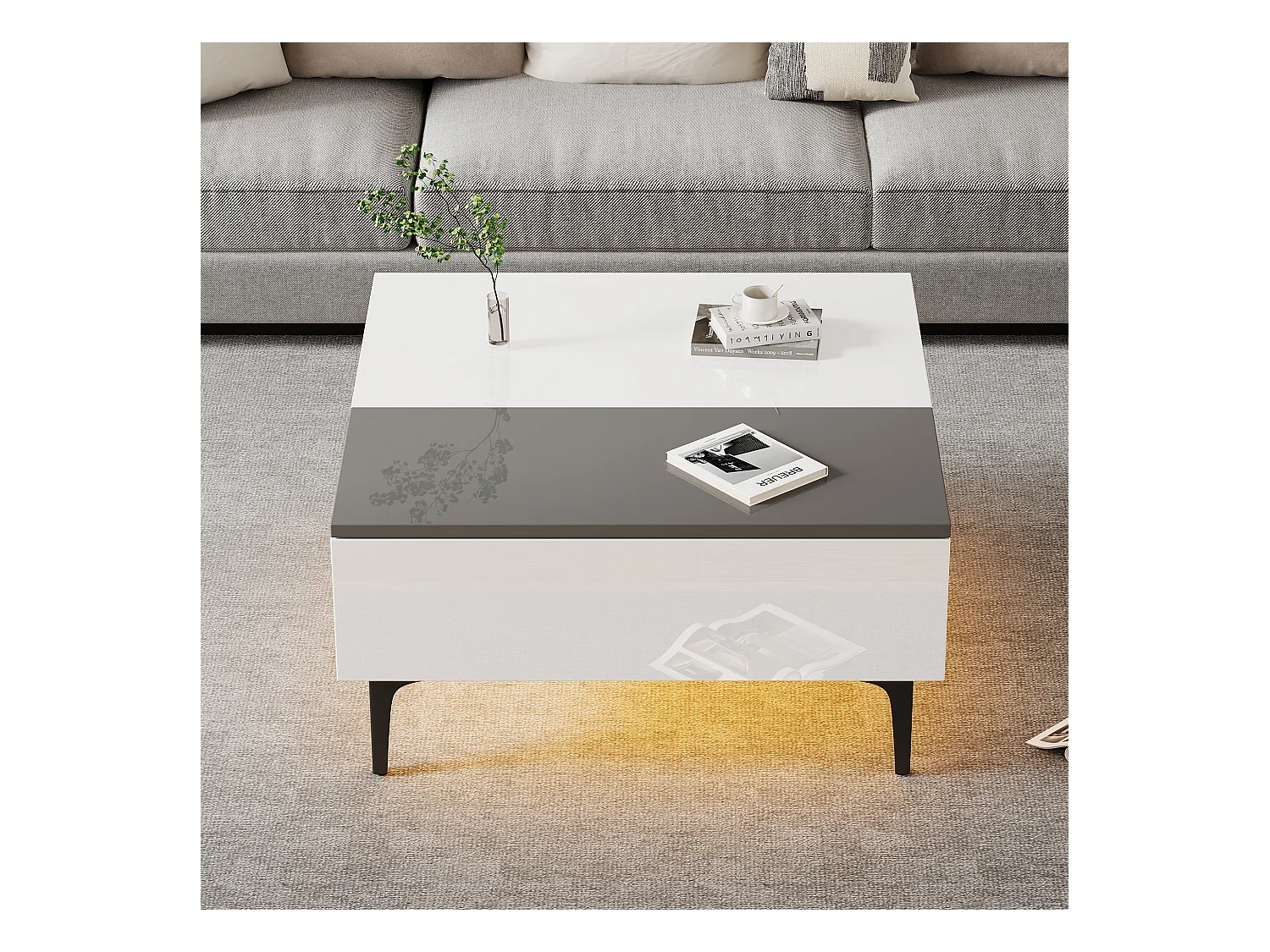 Table basse réglable - 70 x 70 x 35 cm - avec 1 tirors + étagères cachés + Leds - MDF - blanc
