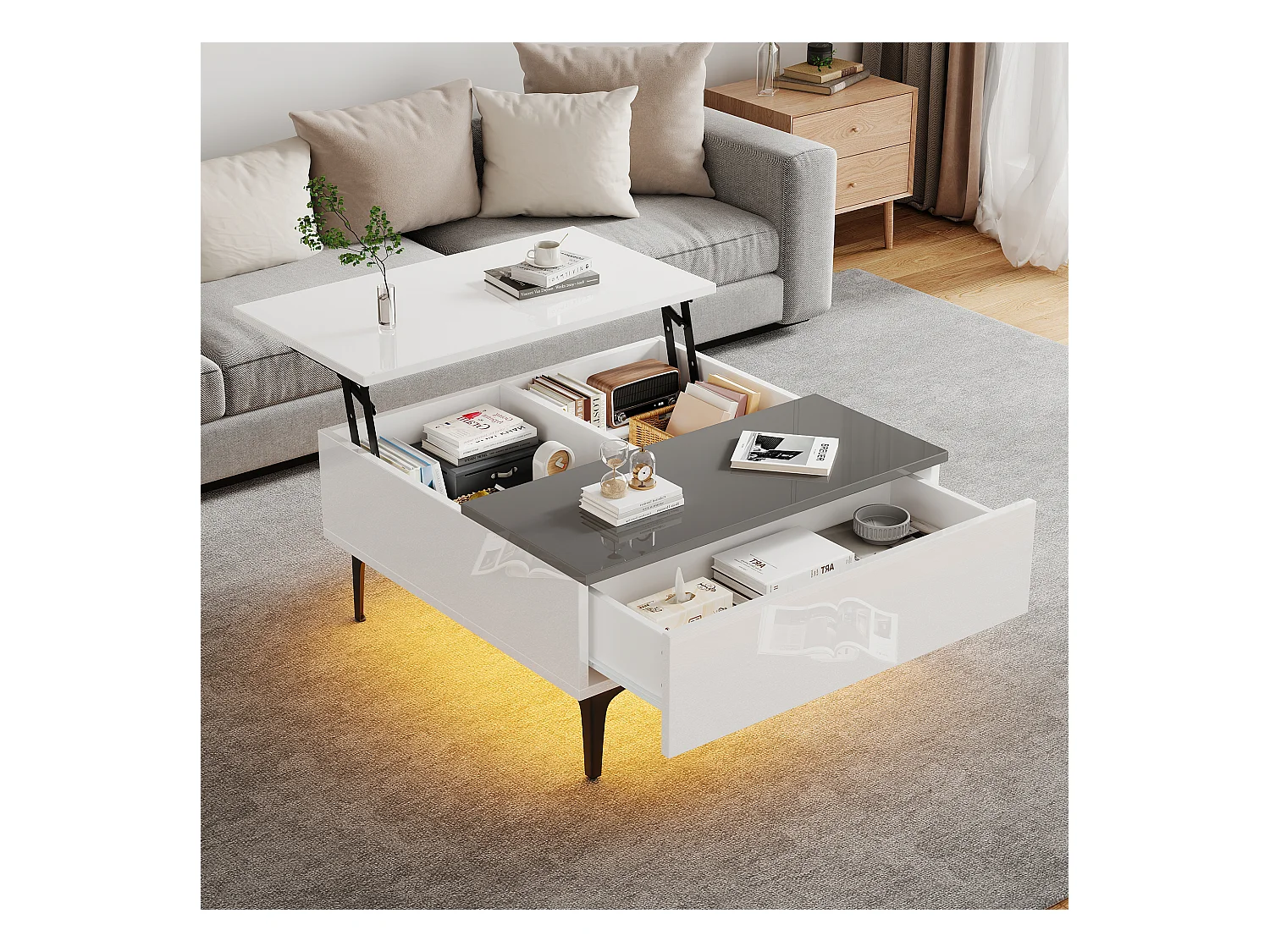 Table basse réglable - 70 x 70 x 35 cm - avec 1 tirors + étagères cachés + Leds - MDF - blanc