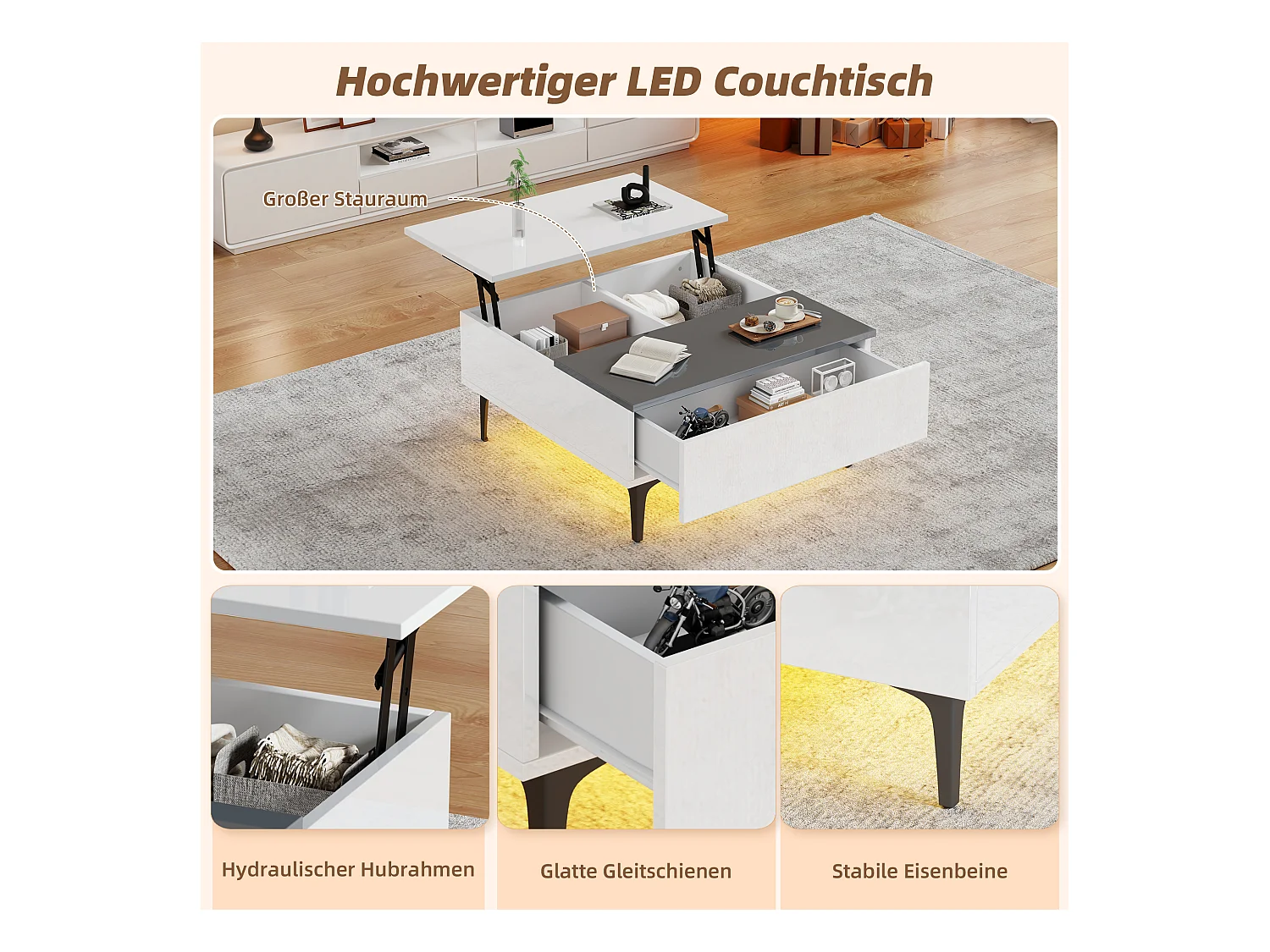 Table basse réglable - 70 x 70 x 35 cm - avec 1 tirors + étagères cachés + Leds - MDF - blanc