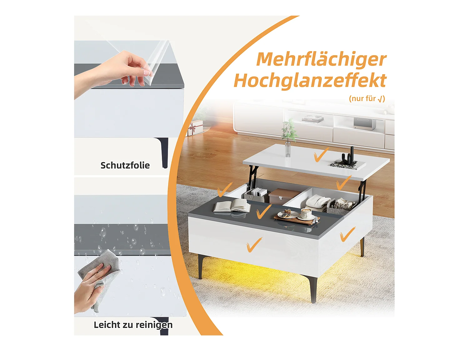 Table basse réglable - 70 x 70 x 35 cm - avec 1 tirors + étagères cachés + Leds - MDF - blanc