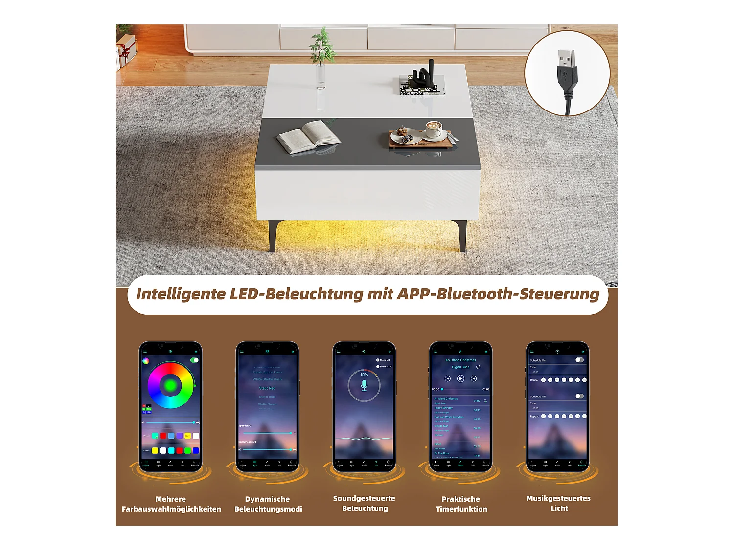 Table basse réglable - 70 x 70 x 35 cm - avec 1 tirors + étagères cachés + Leds - MDF - blanc