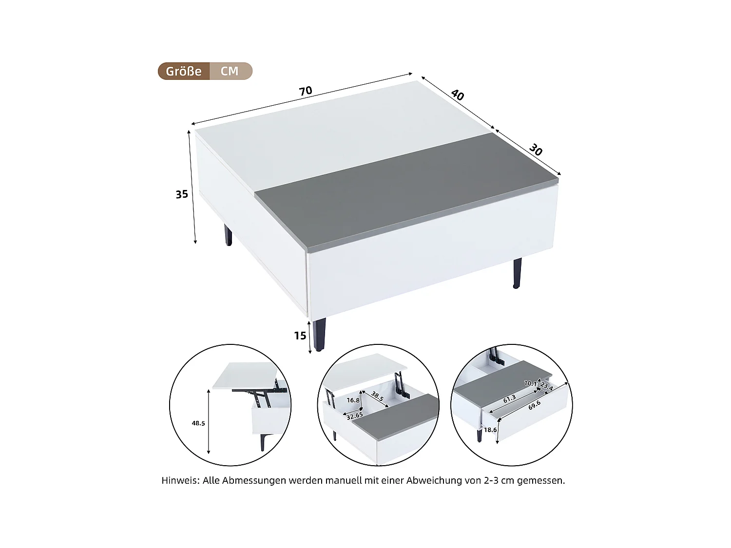 Table basse réglable - 70 x 70 x 35 cm - avec 1 tirors + étagères cachés + Leds - MDF - blanc