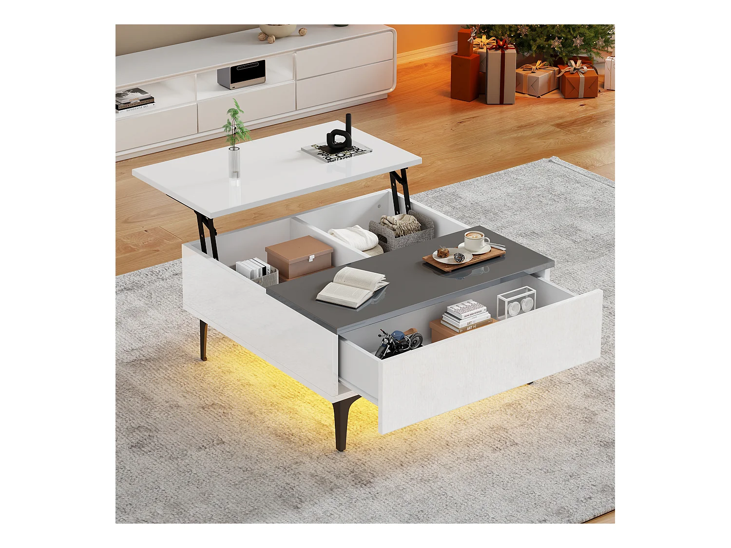 Verstellbarer Couchtisch - 70 x 70 x 35 cm - mit 1 Schublade + versteckten Regalen + LEDs - MDF - weiß