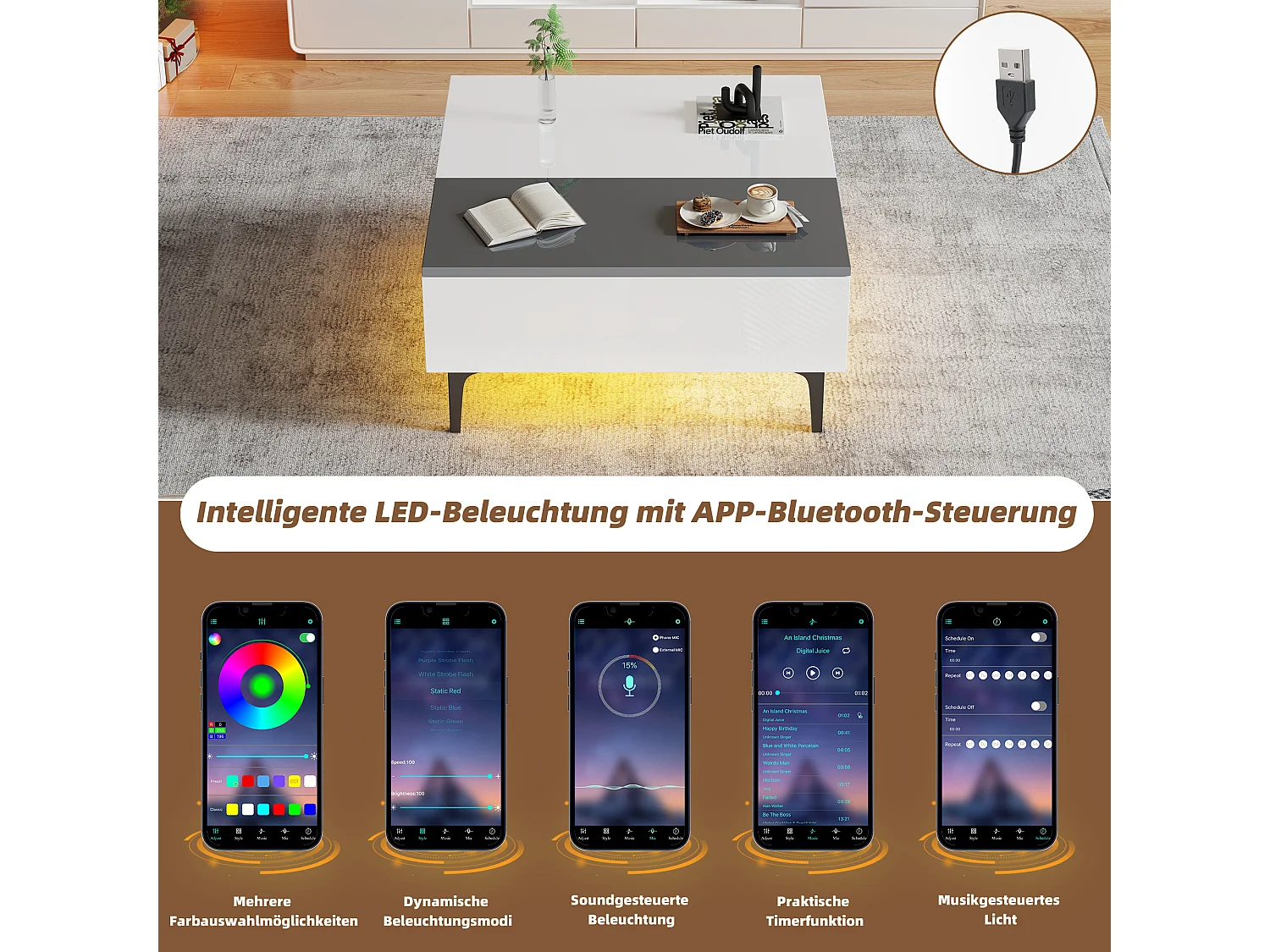 Verstellbarer Couchtisch - 70 x 70 x 35 cm - mit 1 Schublade + versteckten Regalen + LEDs - MDF - weiß