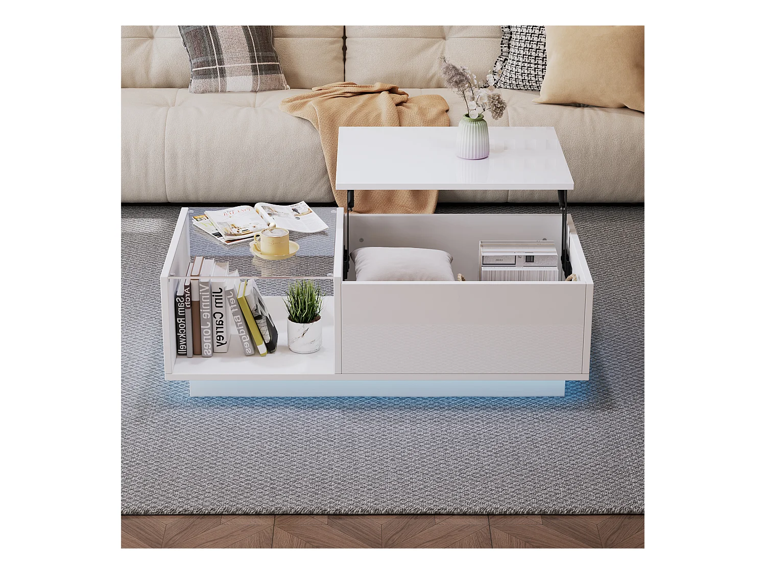 Table basse réglable - 100 x 50 x 33 cm - avec Leds + rangement caché + étagère - aggloméré - blanc