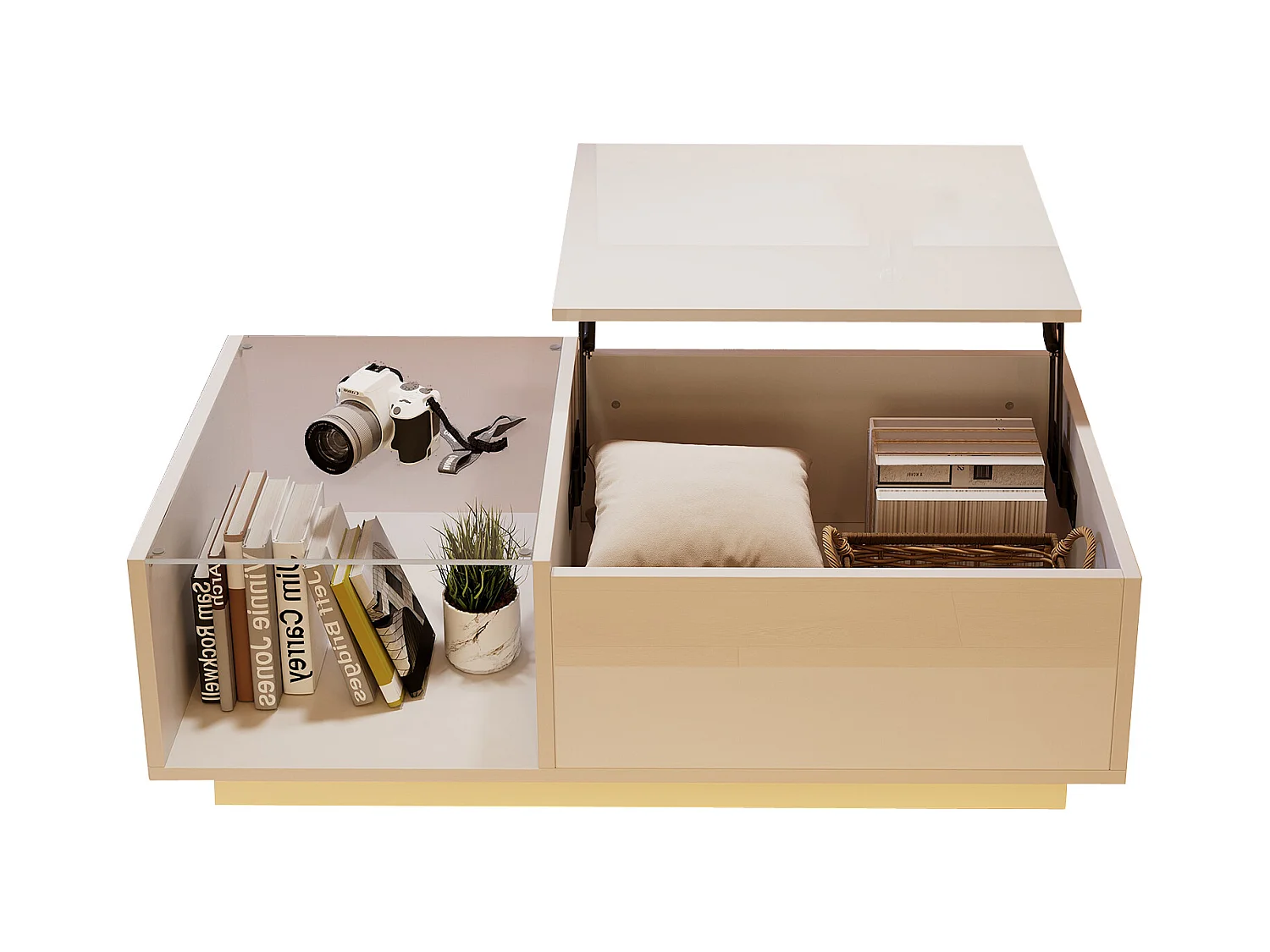 Table basse réglable - 100 x 50 x 33 cm - avec Leds + rangement caché + étagère - aggloméré - blanc