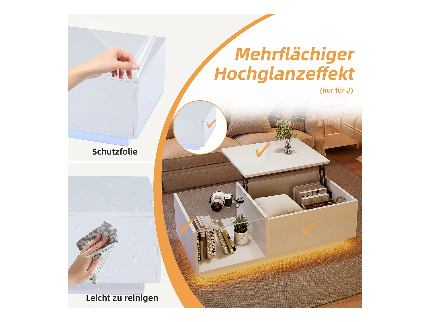 Table basse réglable - 100 x 50 x 33 cm - avec Leds + rangement caché + étagère - aggloméré - blanc