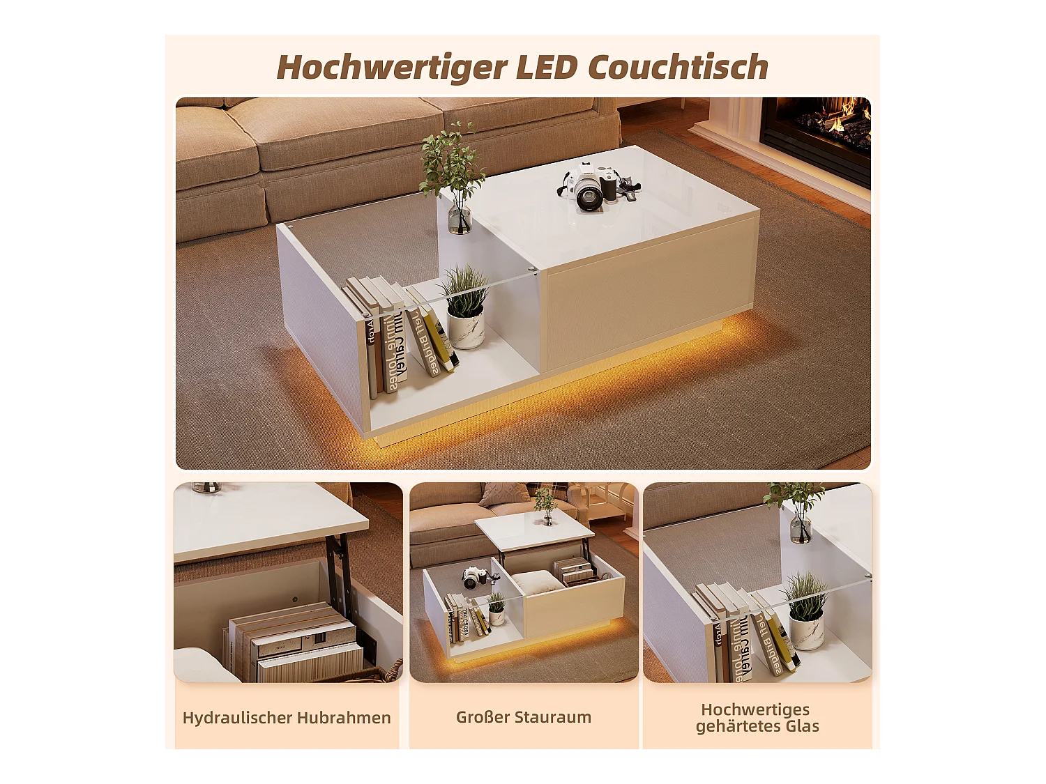 Table basse réglable - 100 x 50 x 33 cm - avec Leds + rangement caché + étagère - aggloméré - blanc