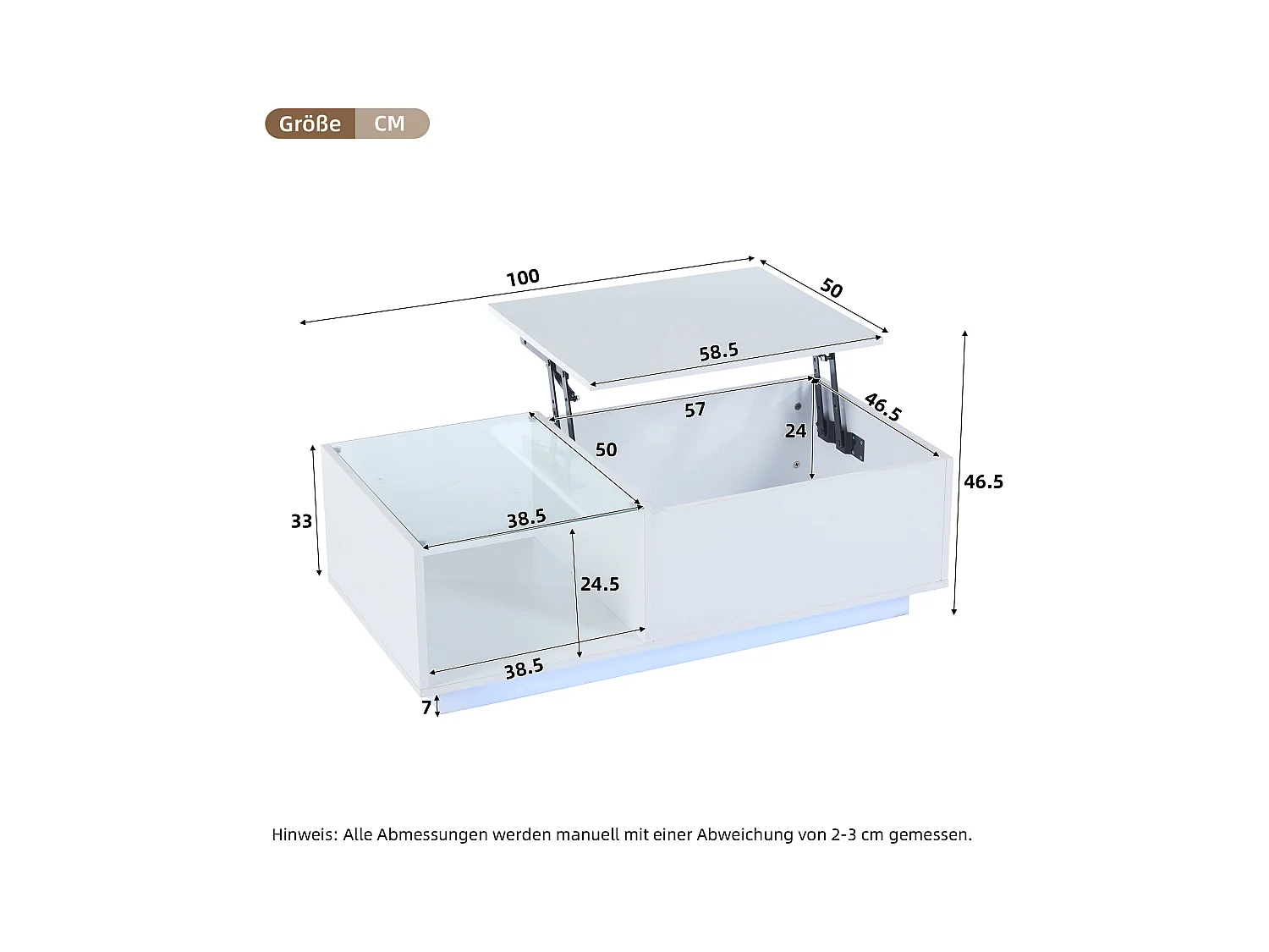 Table basse réglable - 100 x 50 x 33 cm - avec Leds + rangement caché + étagère - aggloméré - blanc