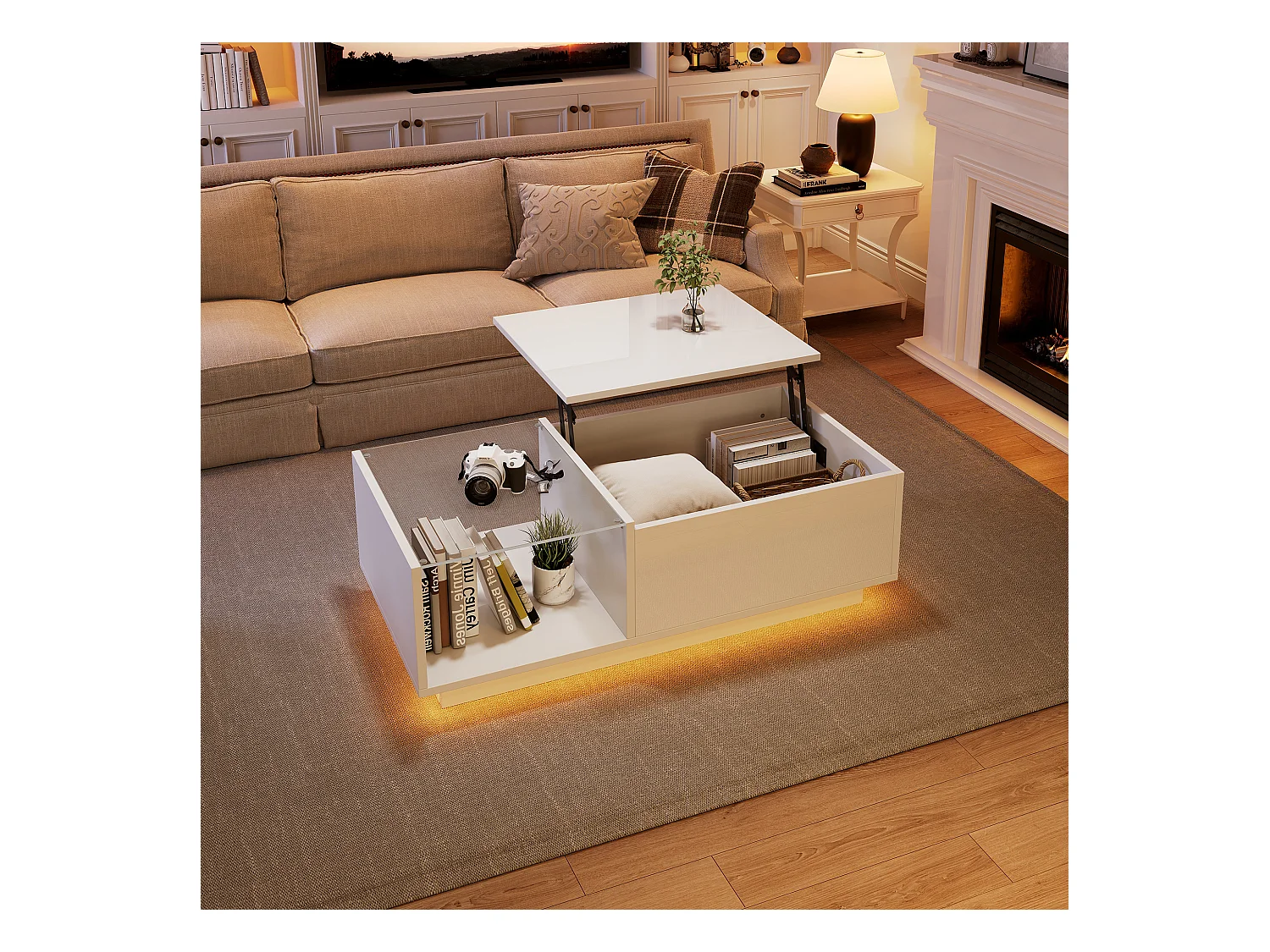 Verstellbarer Couchtisch – 100 x 50 x 33 cm – mit LEDs + verstecktem Stauraum + Regal – Spanplatte – weiß