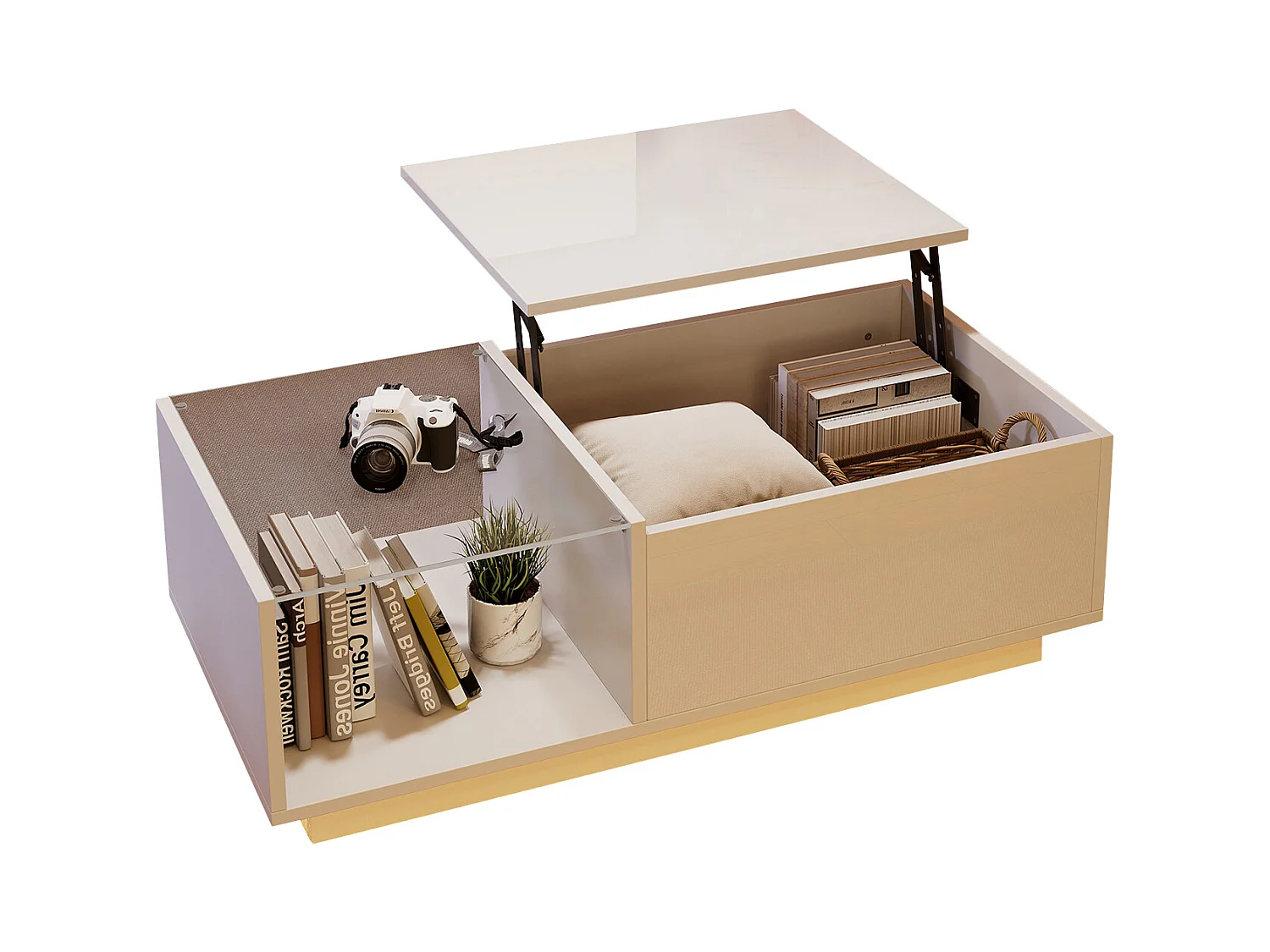 Table basse réglable - 100 x 50 x 33 cm - avec Leds + rangement caché + étagère - aggloméré - blanc