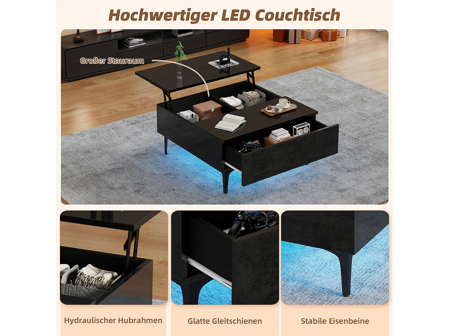 Table basse réglable - 70 x 70 x 35 cm - avec 1 tirors + étagères cachés + Leds - MDF - noir