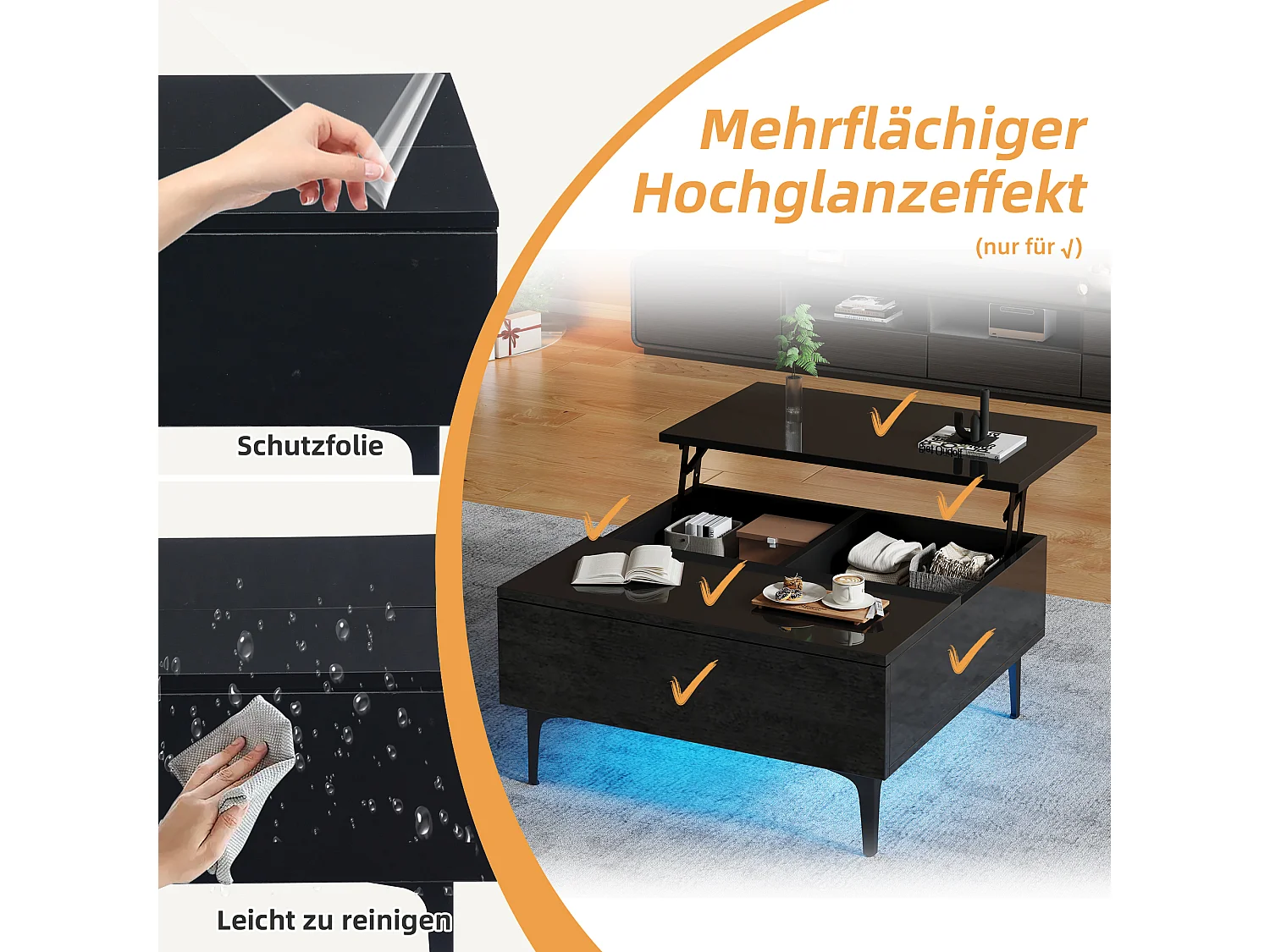 Table basse réglable - 70 x 70 x 35 cm - avec 1 tirors + étagères cachés + Leds - MDF - noir