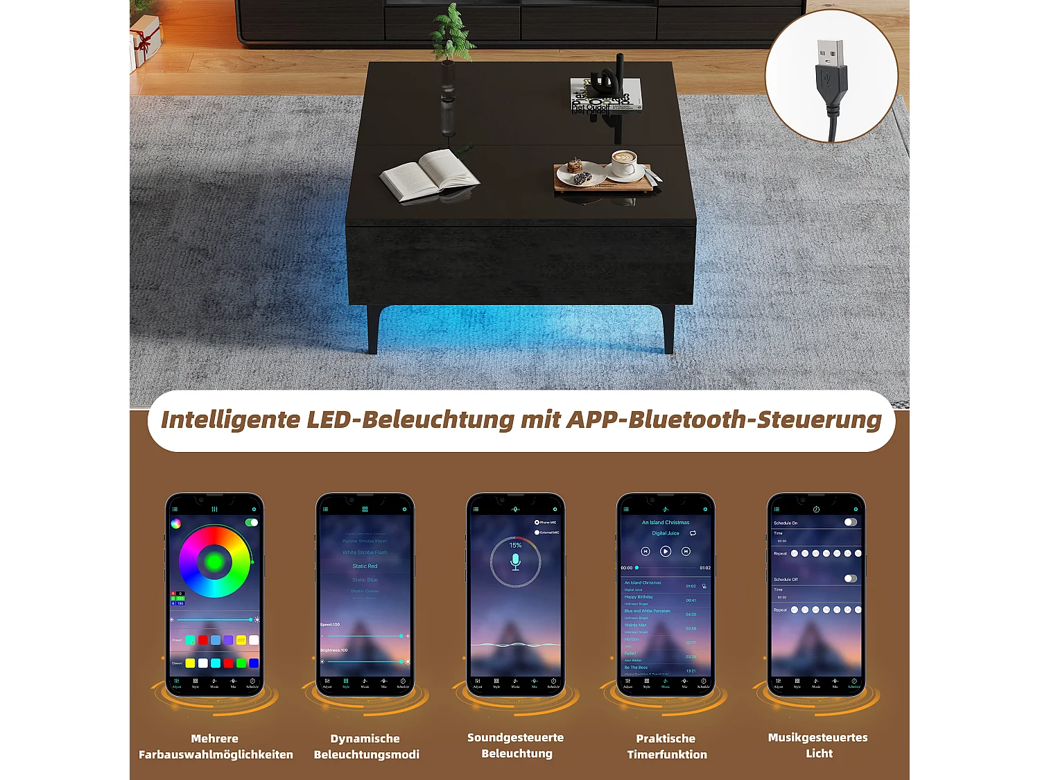 Table basse réglable - 70 x 70 x 35 cm - avec 1 tirors + étagères cachés + Leds - MDF - noir