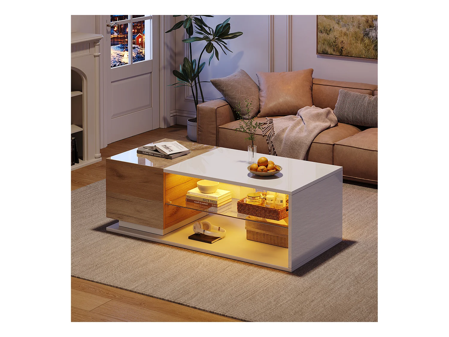 Table basse de salon - 105 x 50 x 36 cm - avec Leds + 1 porte + rangements - aggloméré - blanc