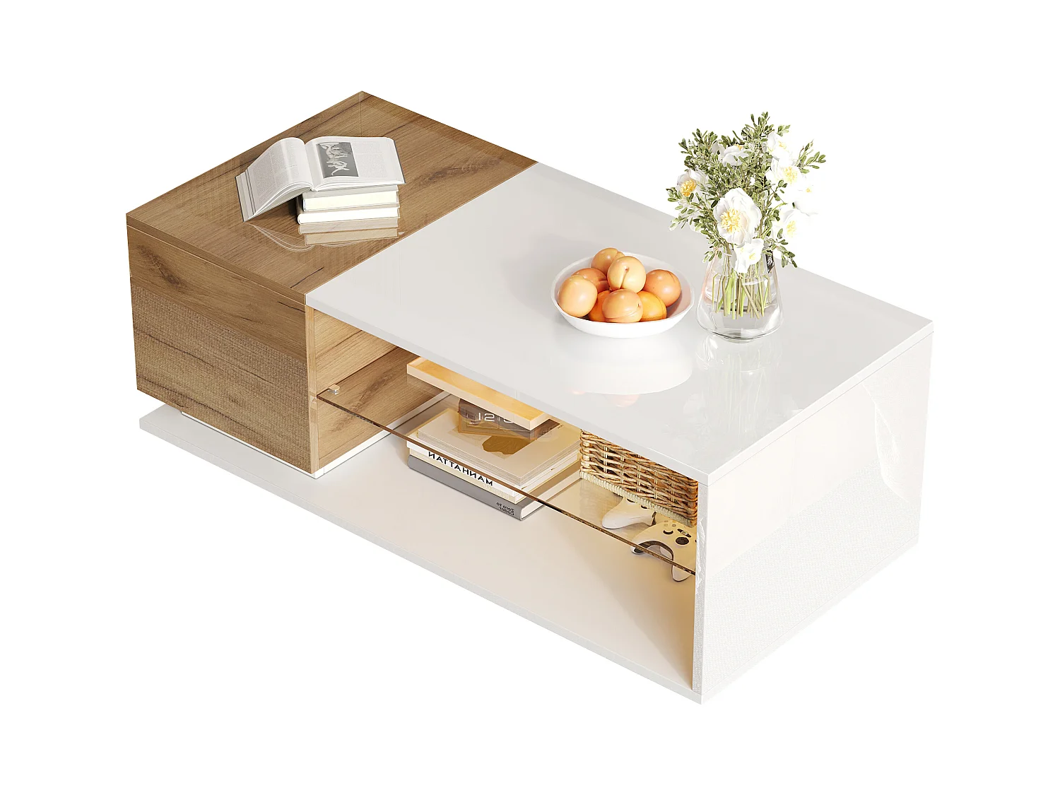 Table basse de salon - 105 x 50 x 36 cm - avec Leds + 1 porte + rangements - aggloméré - blanc